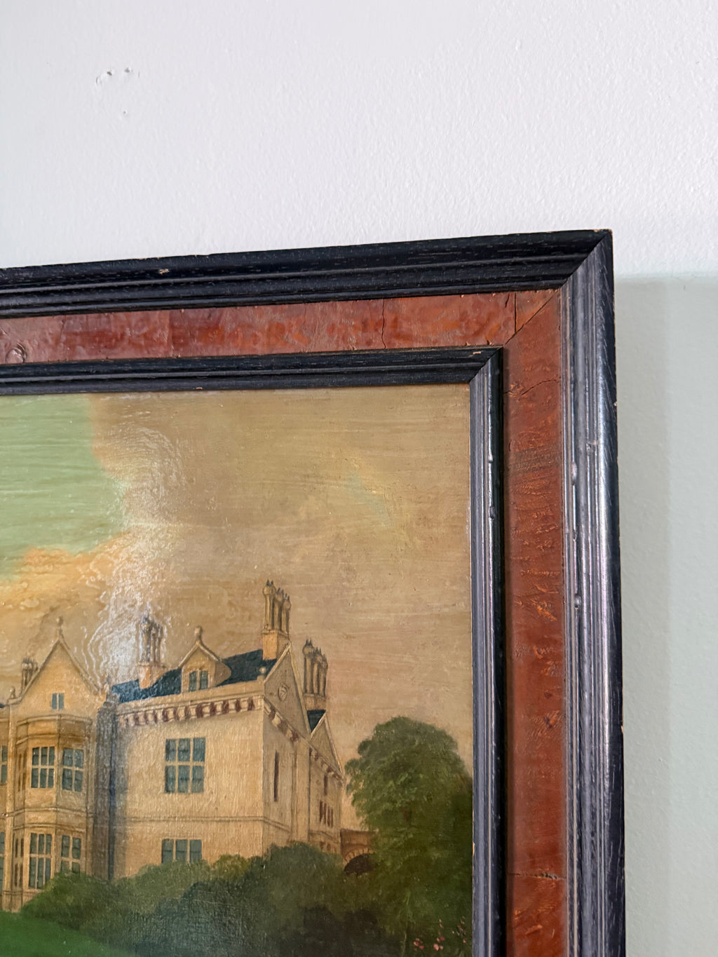 Antique English Manor House Painting, Oil on Board