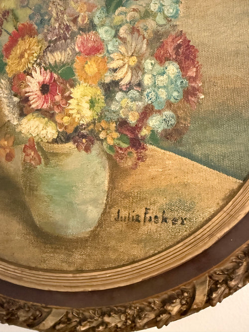 Antique Floral Painting, Oil on Board