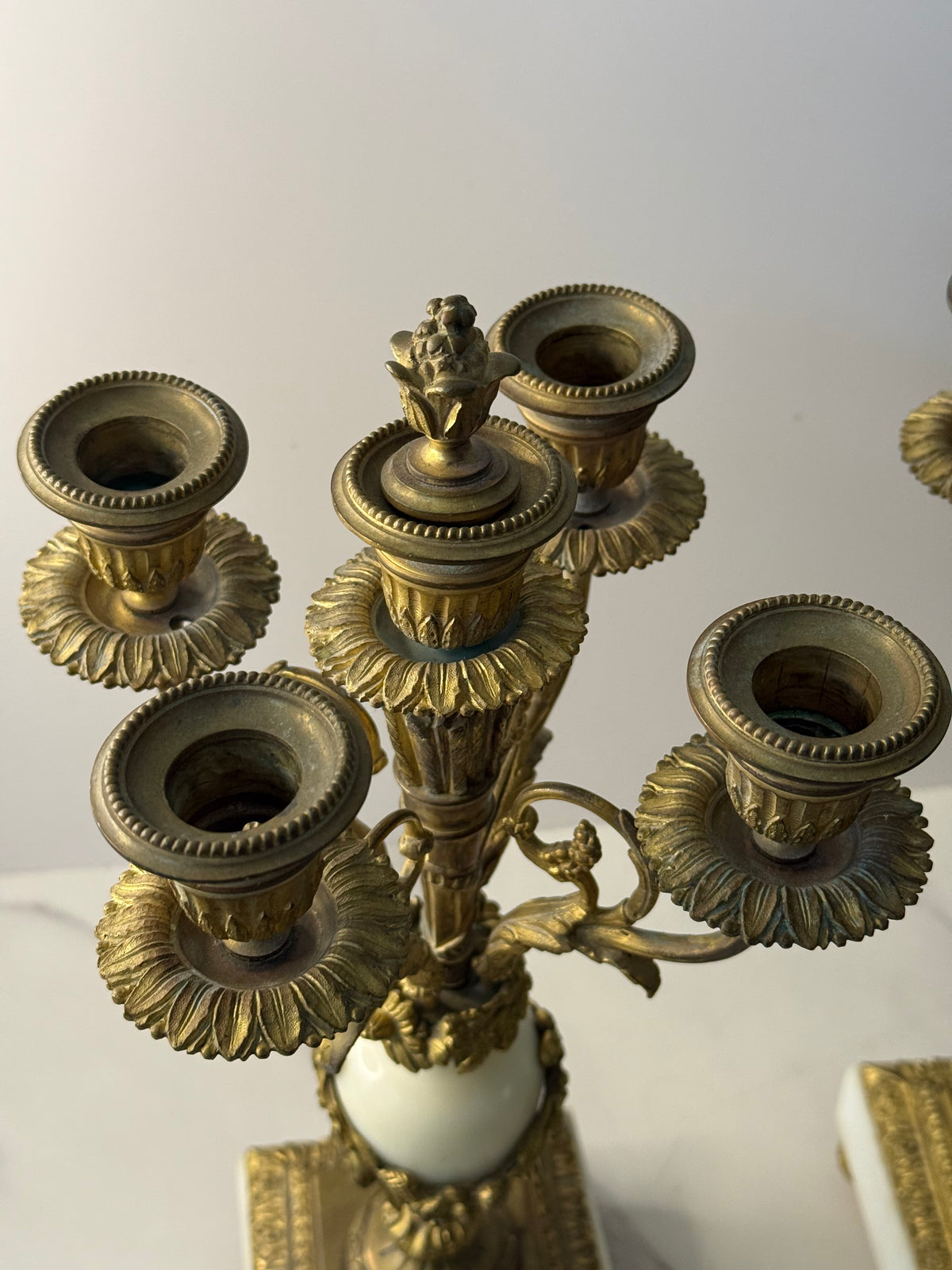 Antique French Louis XVI Gilt Bronze & Marble Four-Light Candelabra, Pair