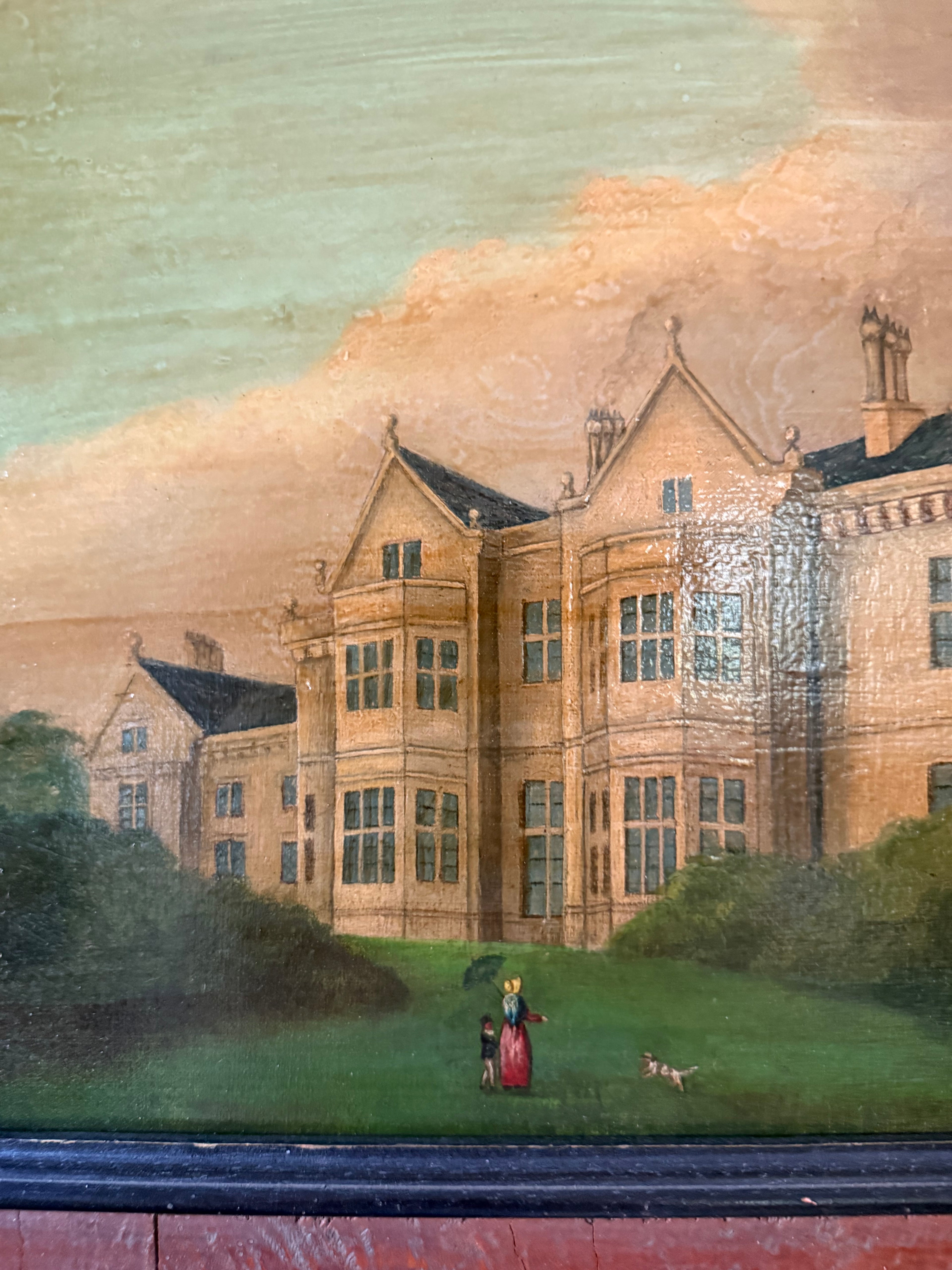 Antique English Manor House Painting, Oil on Board