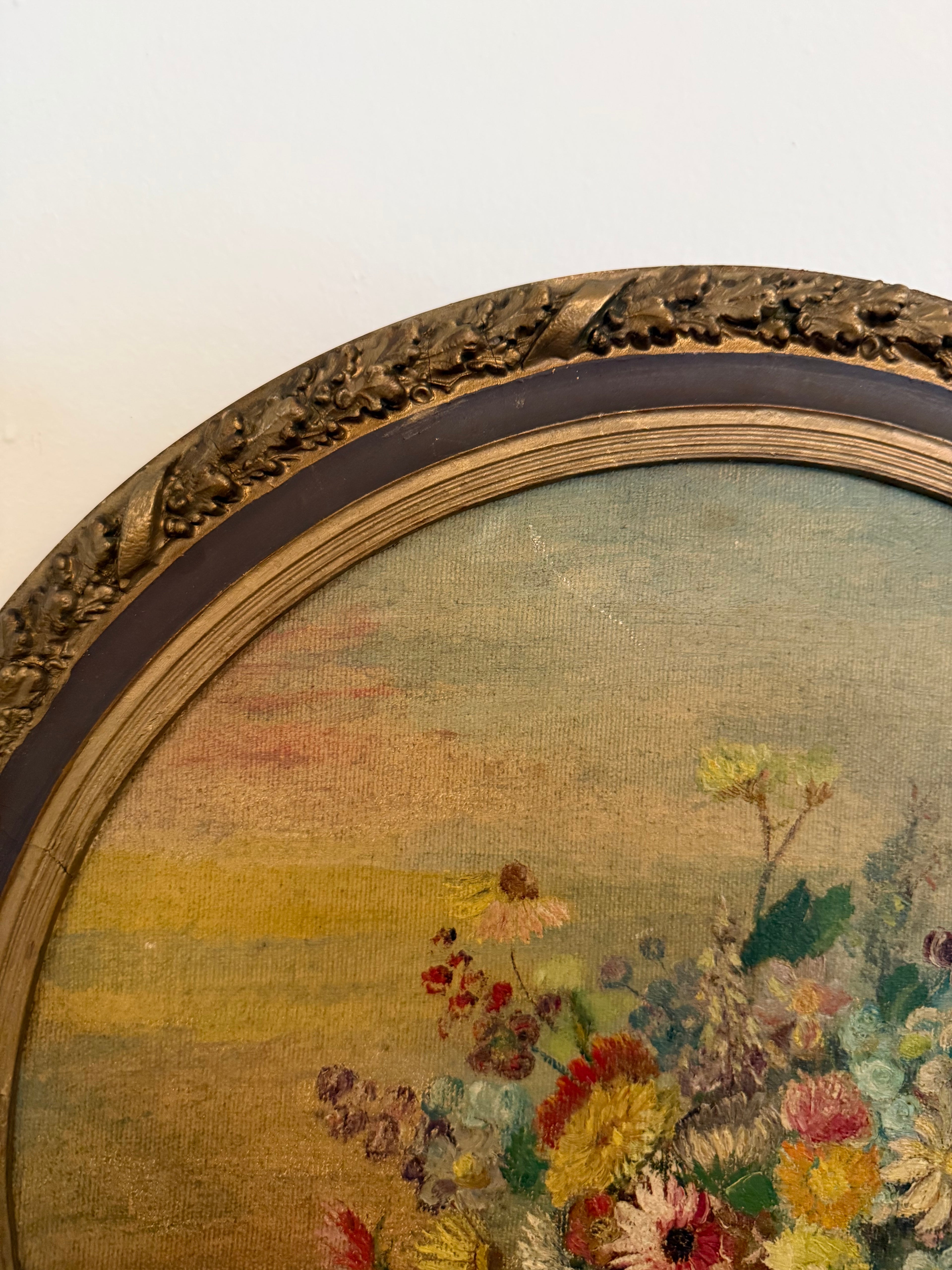 Antique Floral Painting, Oil on Board