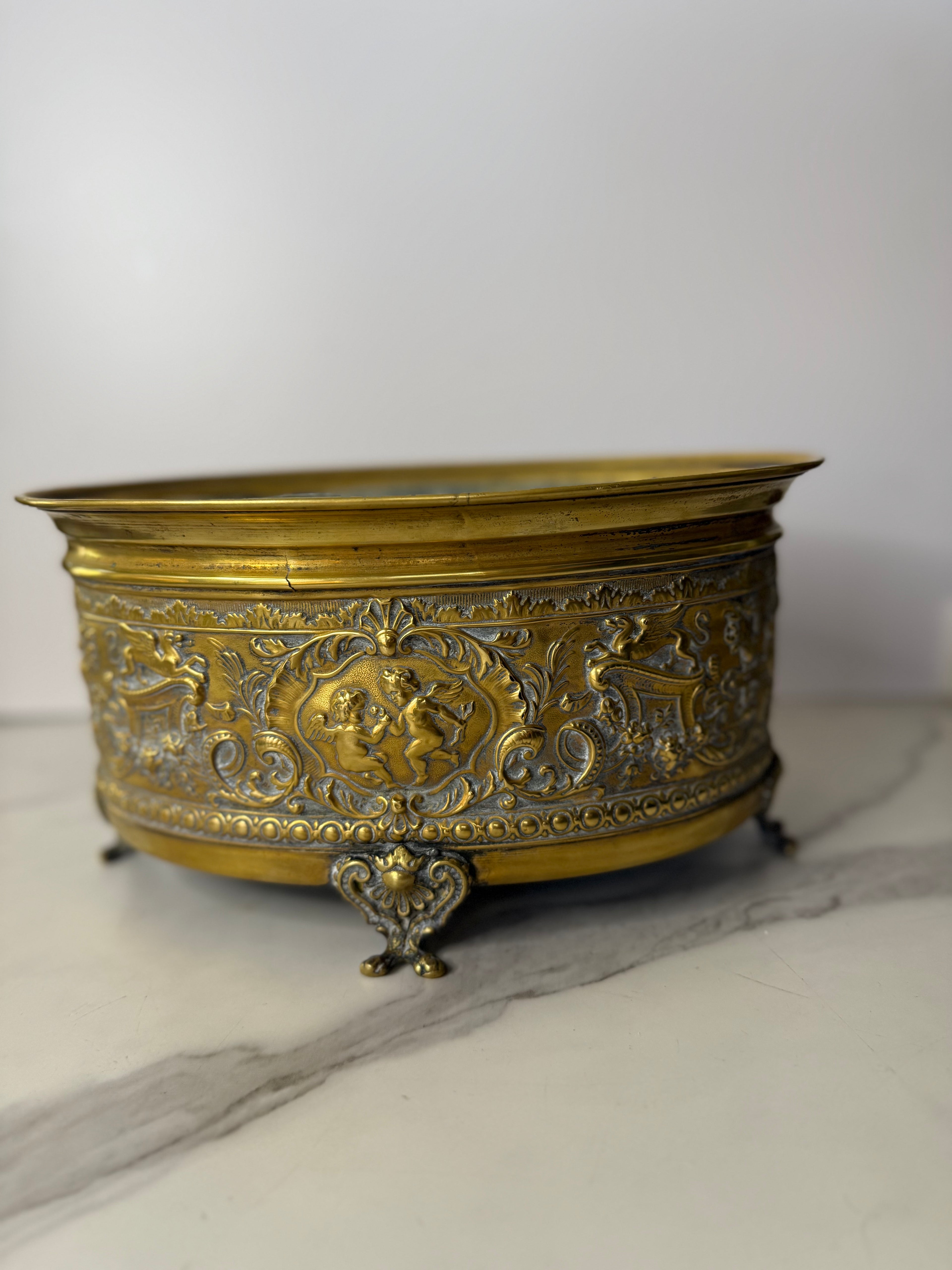 Antique Brass Repoussé Jardiniere