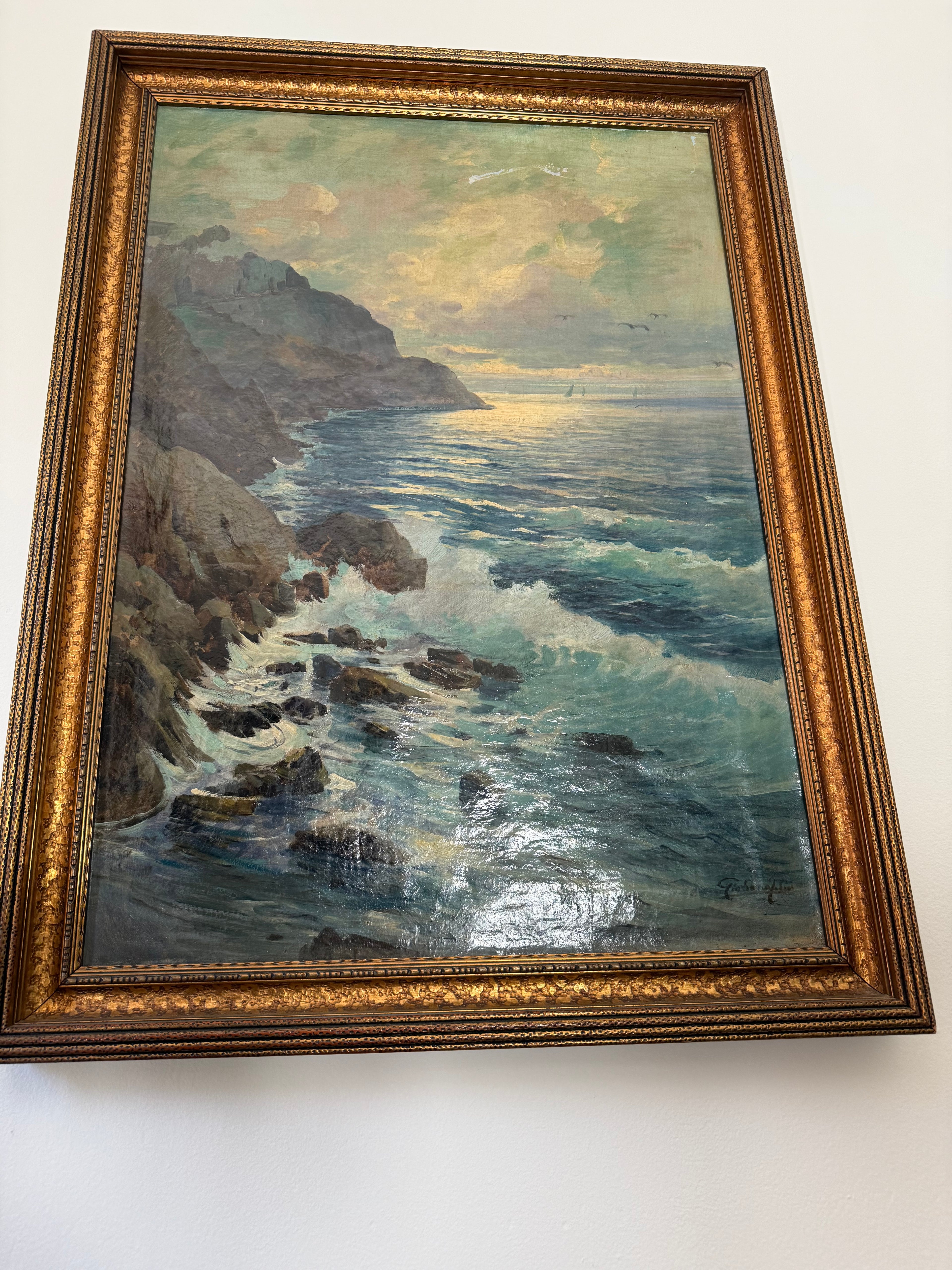 Vintage Seascape of the Cliffs of Capri, Oil on Canvas