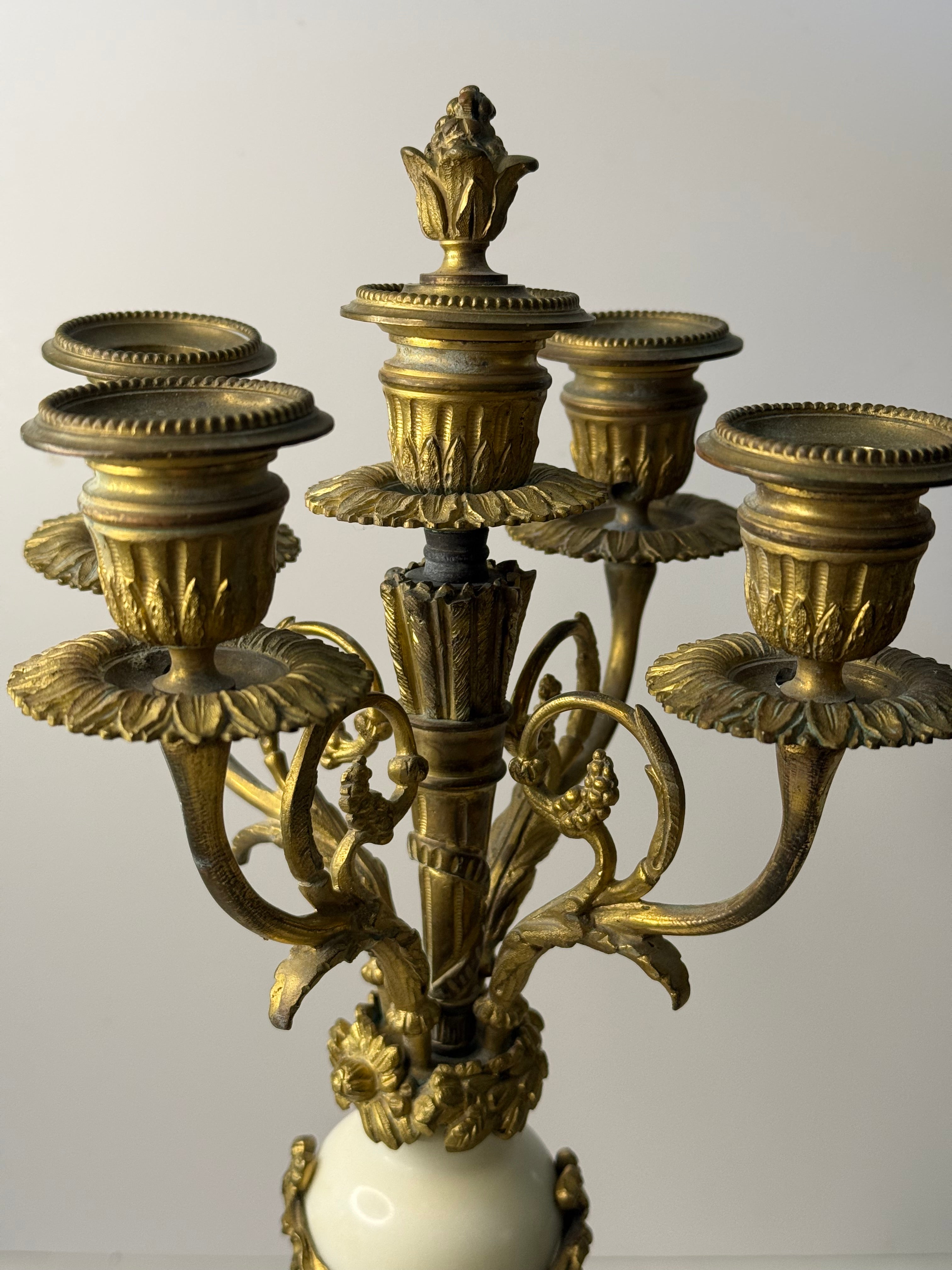 Antique French Louis XVI Gilt Bronze & Marble Four-Light Candelabra, Pair