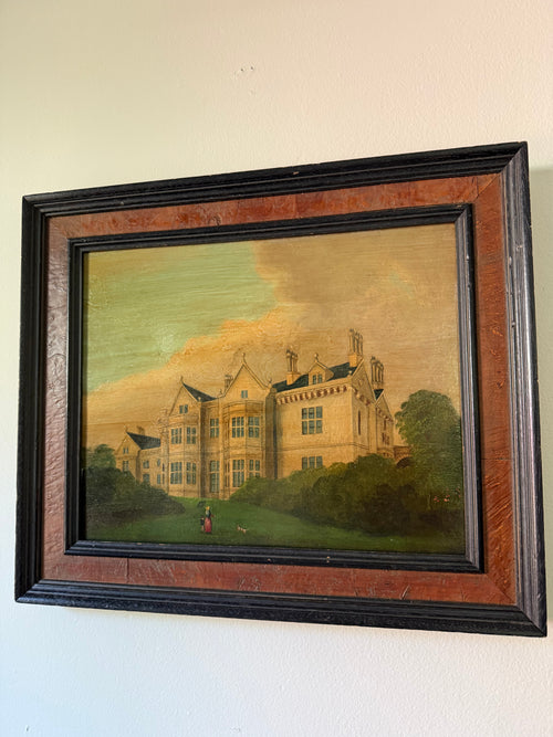 Antique English Manor House Painting, Oil on Board