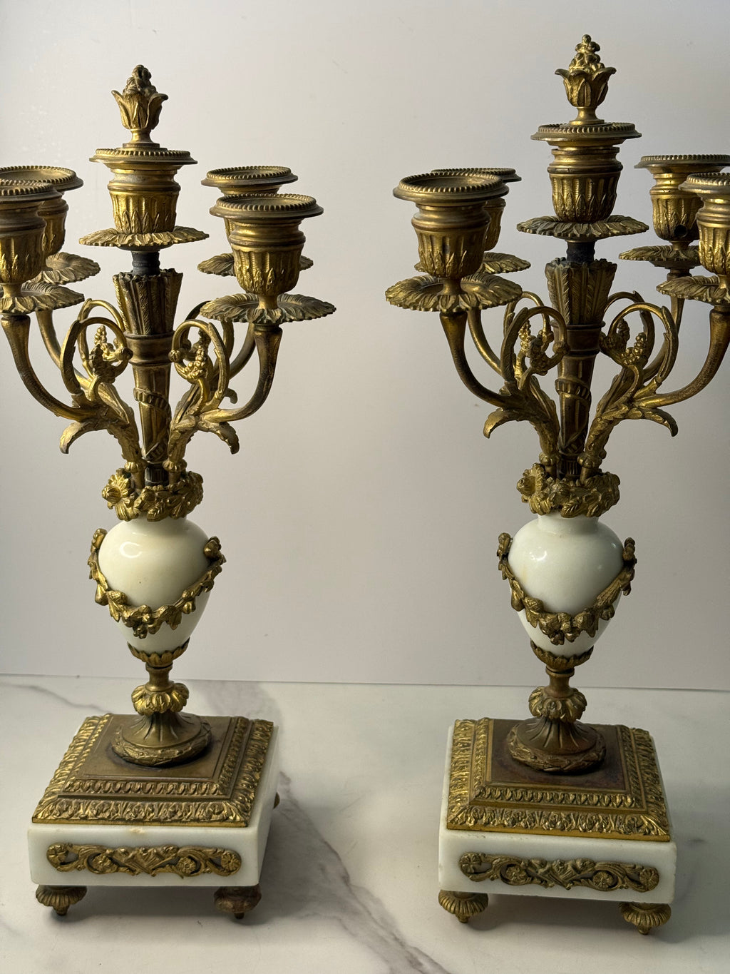 Antique French Louis XVI Gilt Bronze & Marble Four-Light Candelabra, Pair