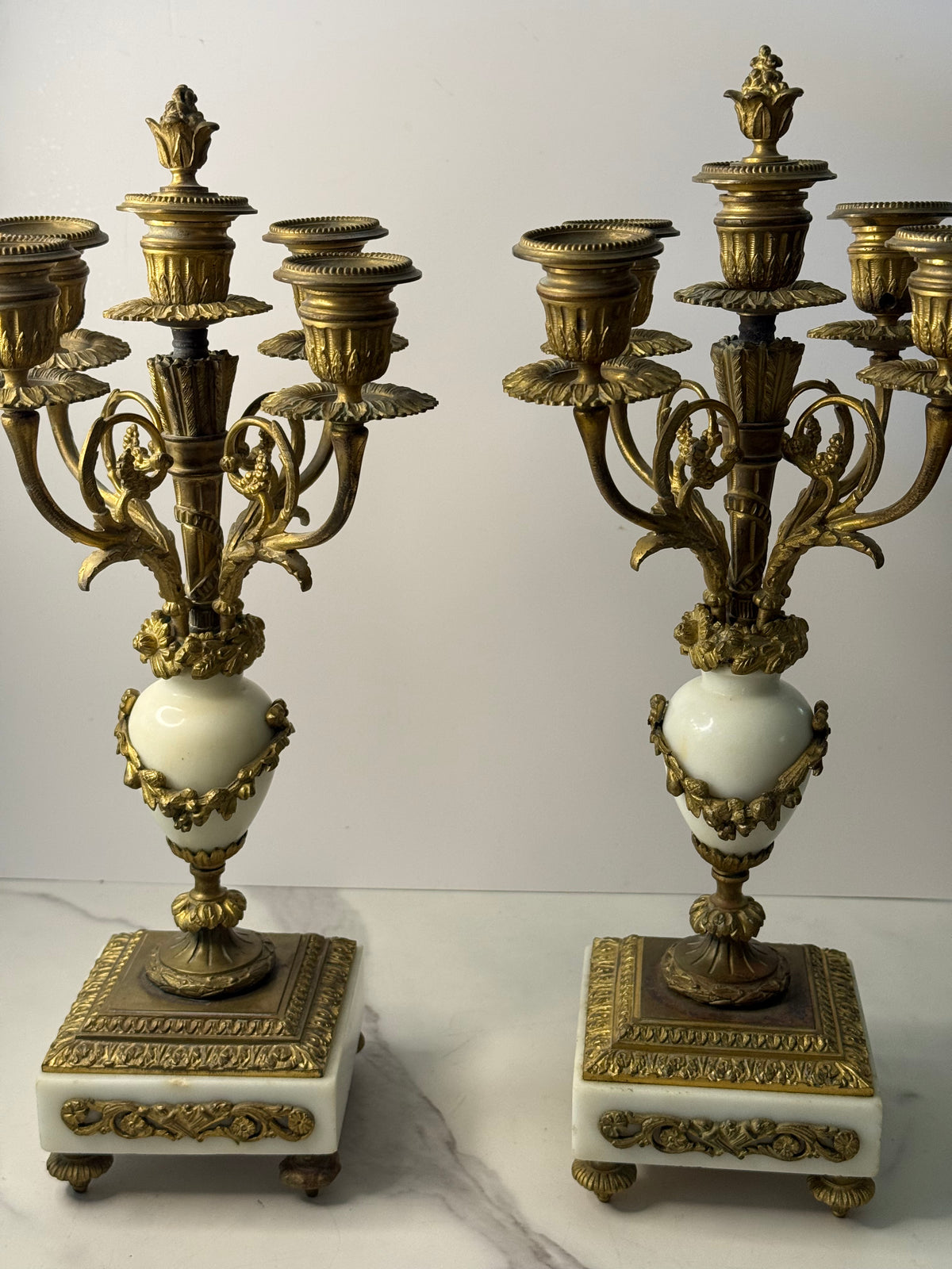 Antique French Louis XVI Gilt Bronze & Marble Four-Light Candelabra, Pair