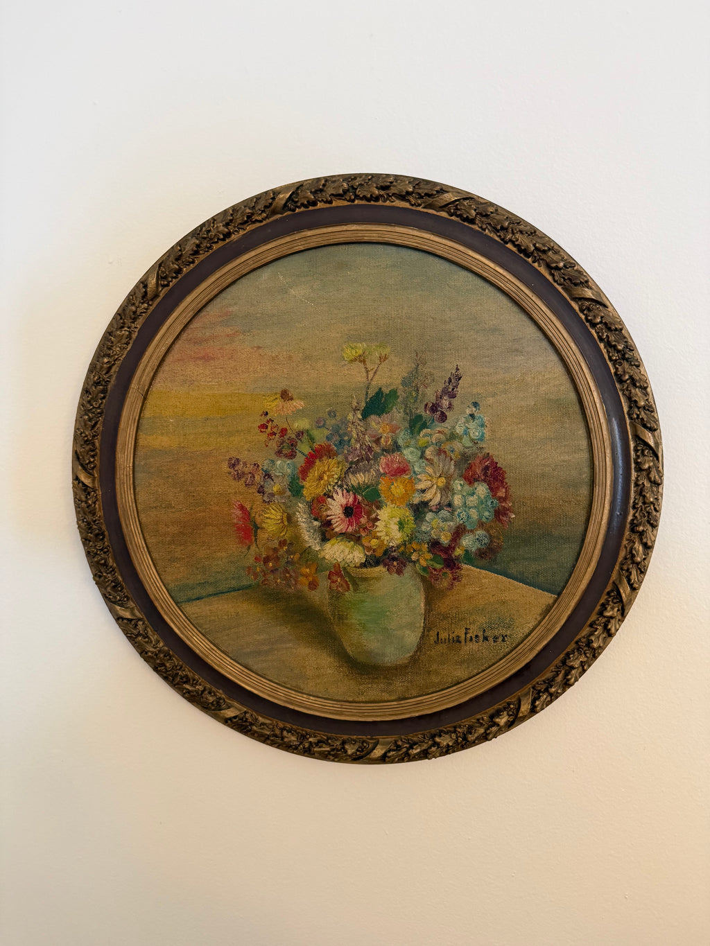 Antique Floral Painting, Oil on Board