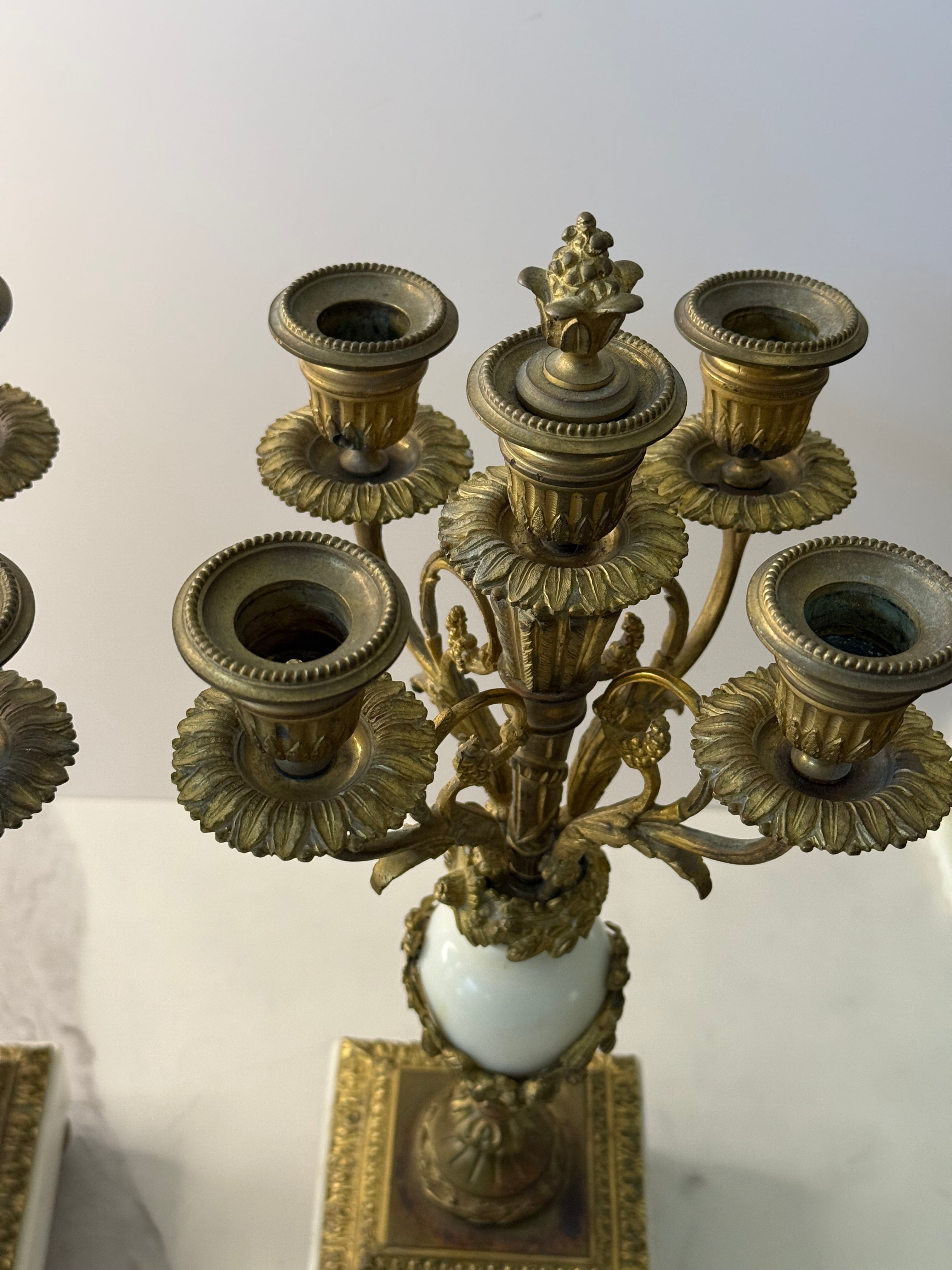 Antique French Louis XVI Gilt Bronze & Marble Four-Light Candelabra, Pair