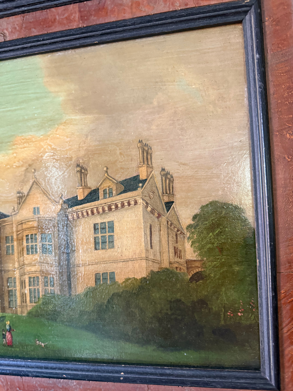 Antique English Manor House Painting, Oil on Board