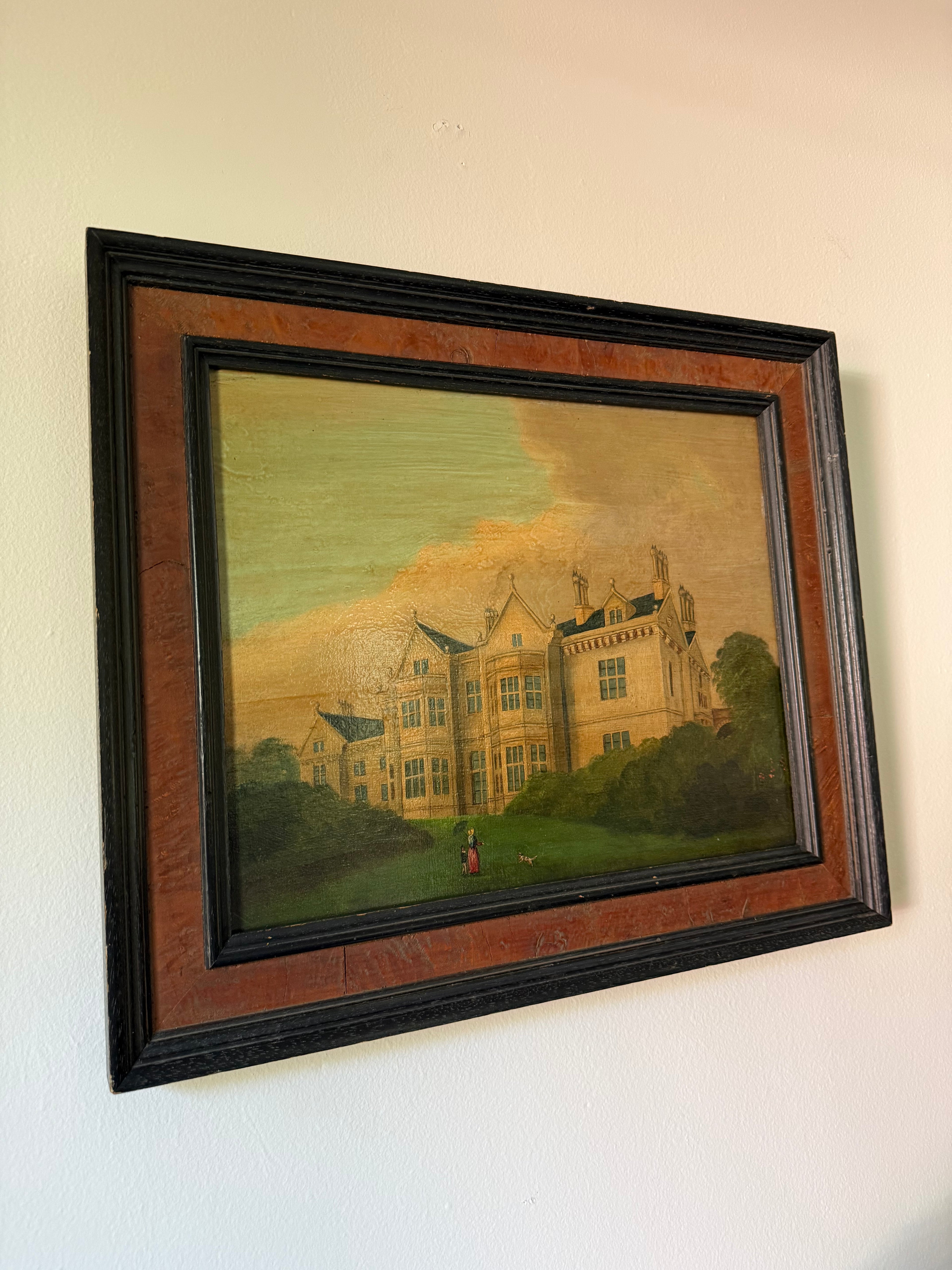 Antique English Manor House Painting, Oil on Board