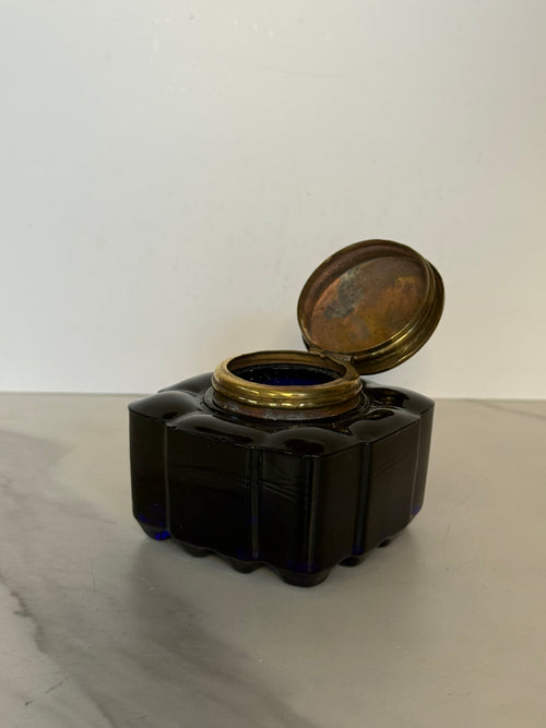 Antique Cobalt Blue Glass Inkwell with Brass Cap