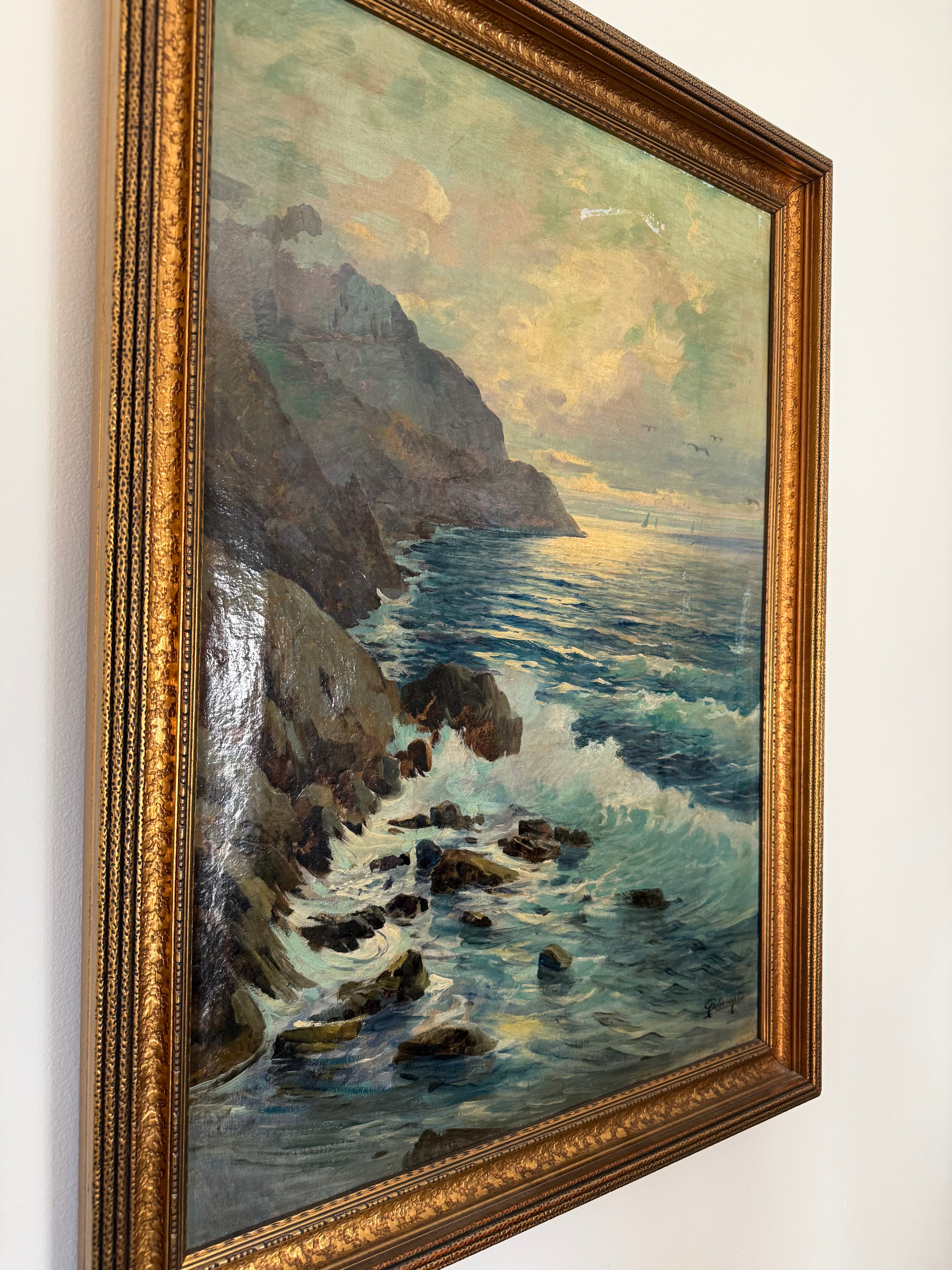 Vintage Seascape of the Cliffs of Capri, Oil on Canvas