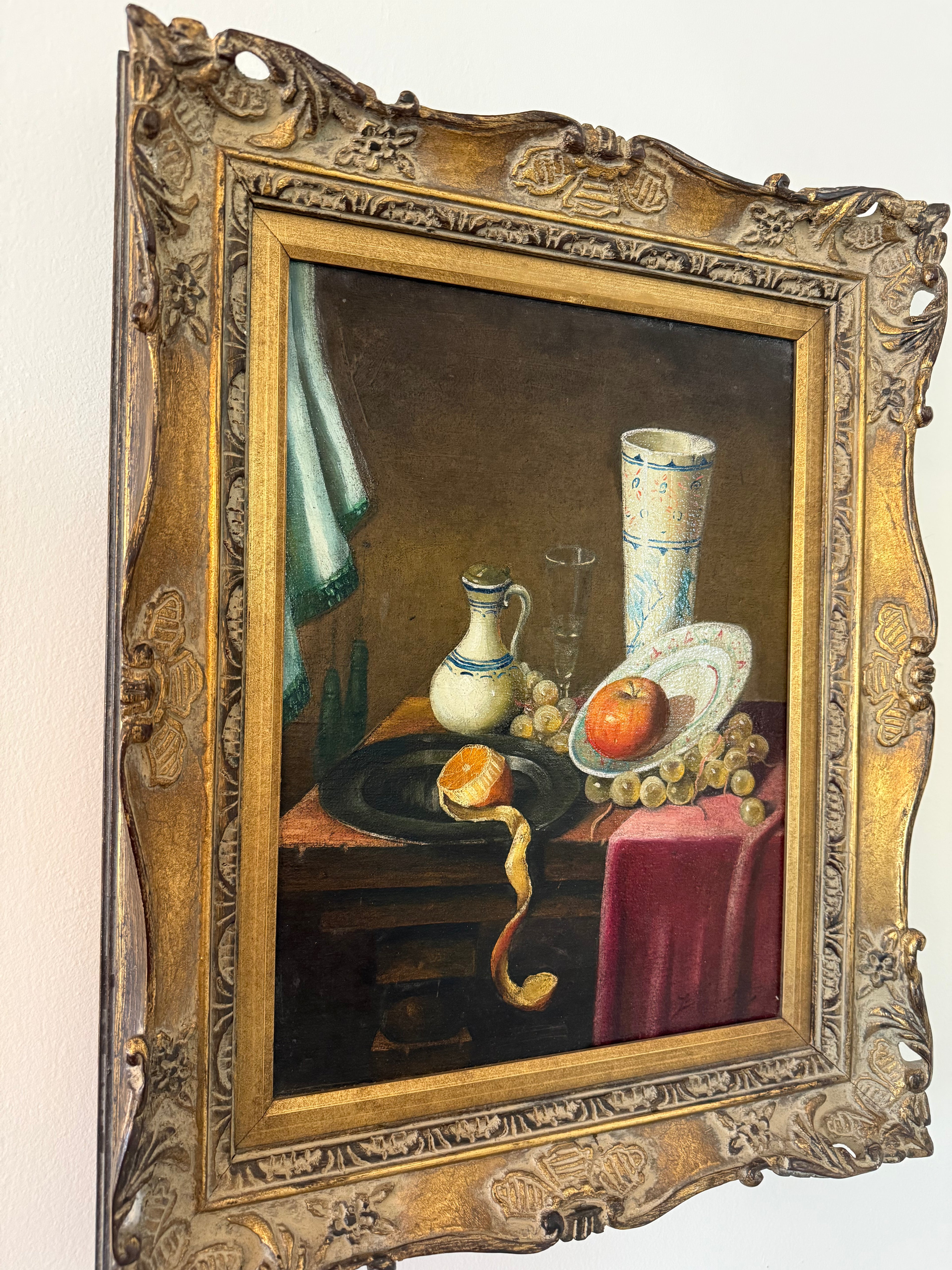 Vintage Dutch-Style Still Life with Fruit, Oil on Canvas