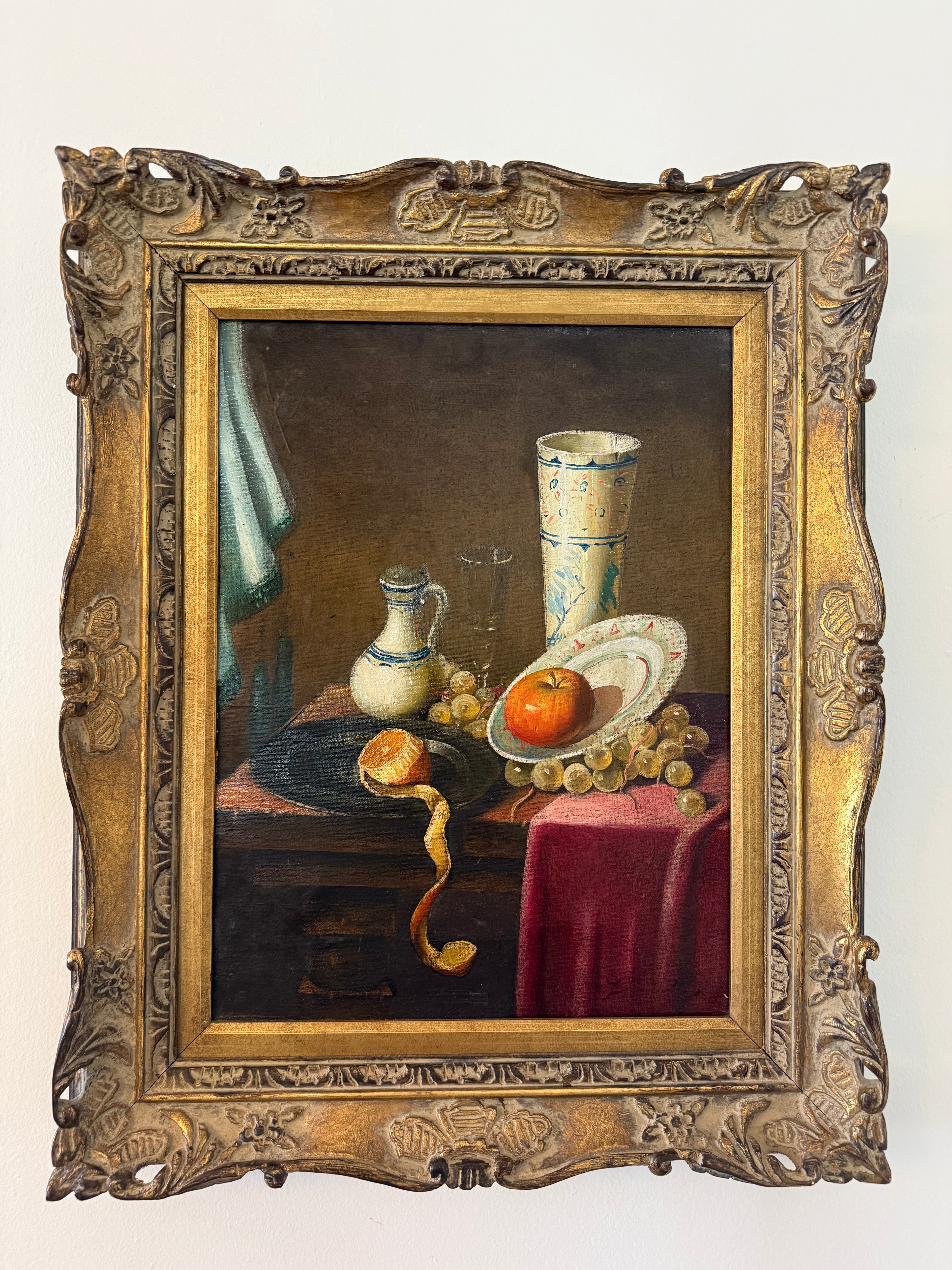 Vintage Dutch-Style Still Life with Fruit, Oil on Canvas
