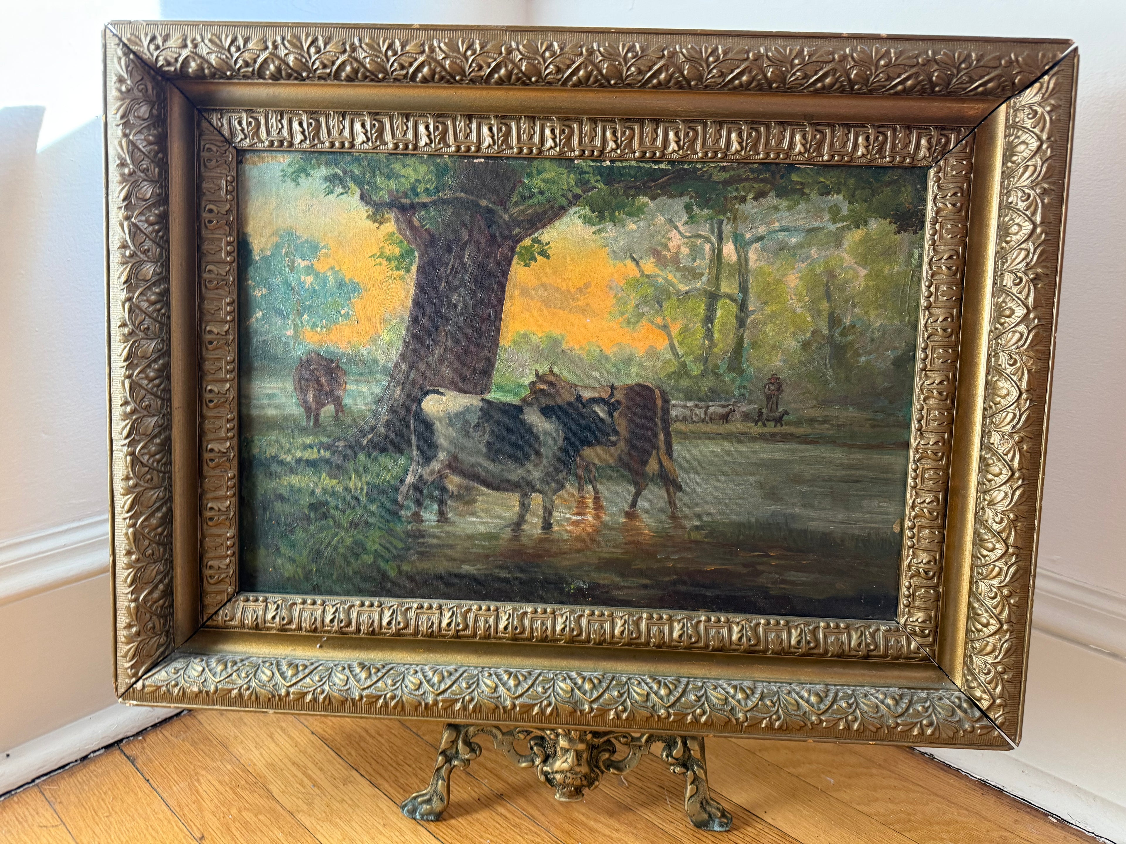 Early 20th Century Pastoral Scene with Cows, Oil on Canvas