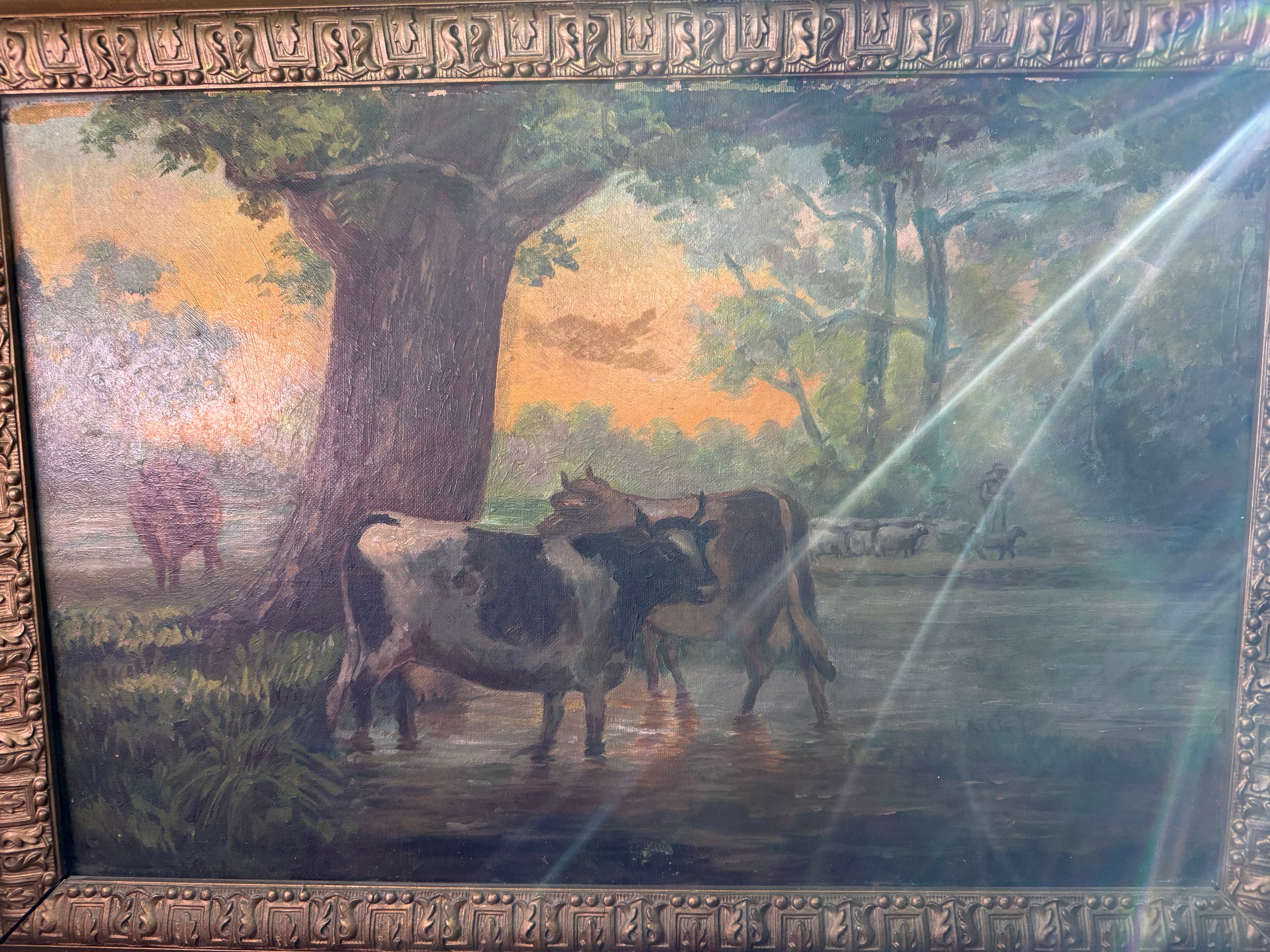 Early 20th Century Pastoral Scene with Cows, Oil on Canvas
