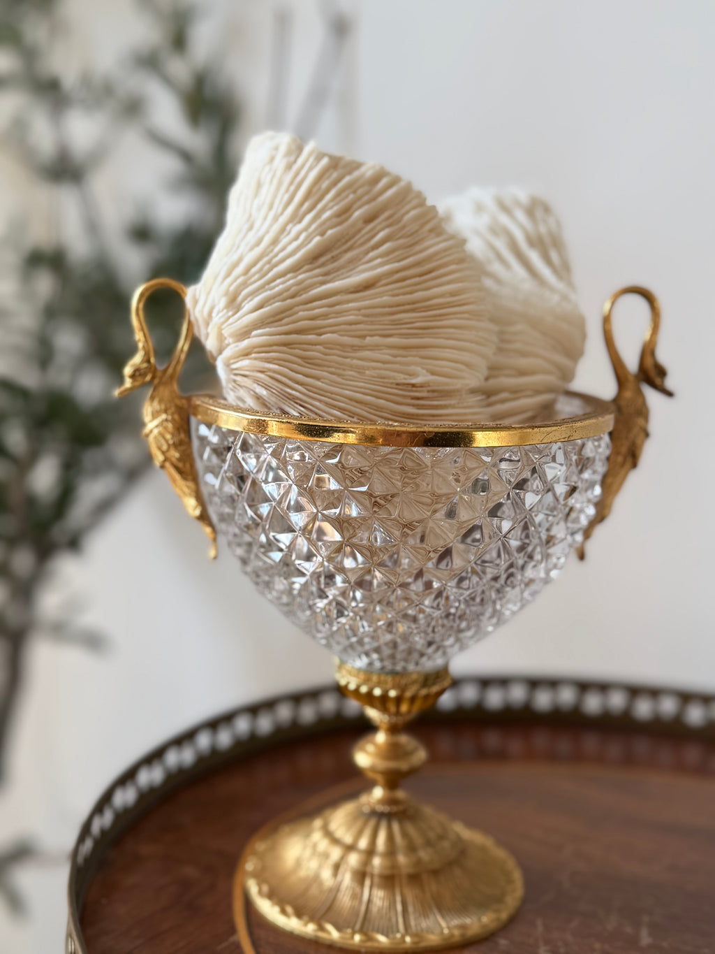 Vintage Hollywood Regency Swan Handle Cut Glass Compote