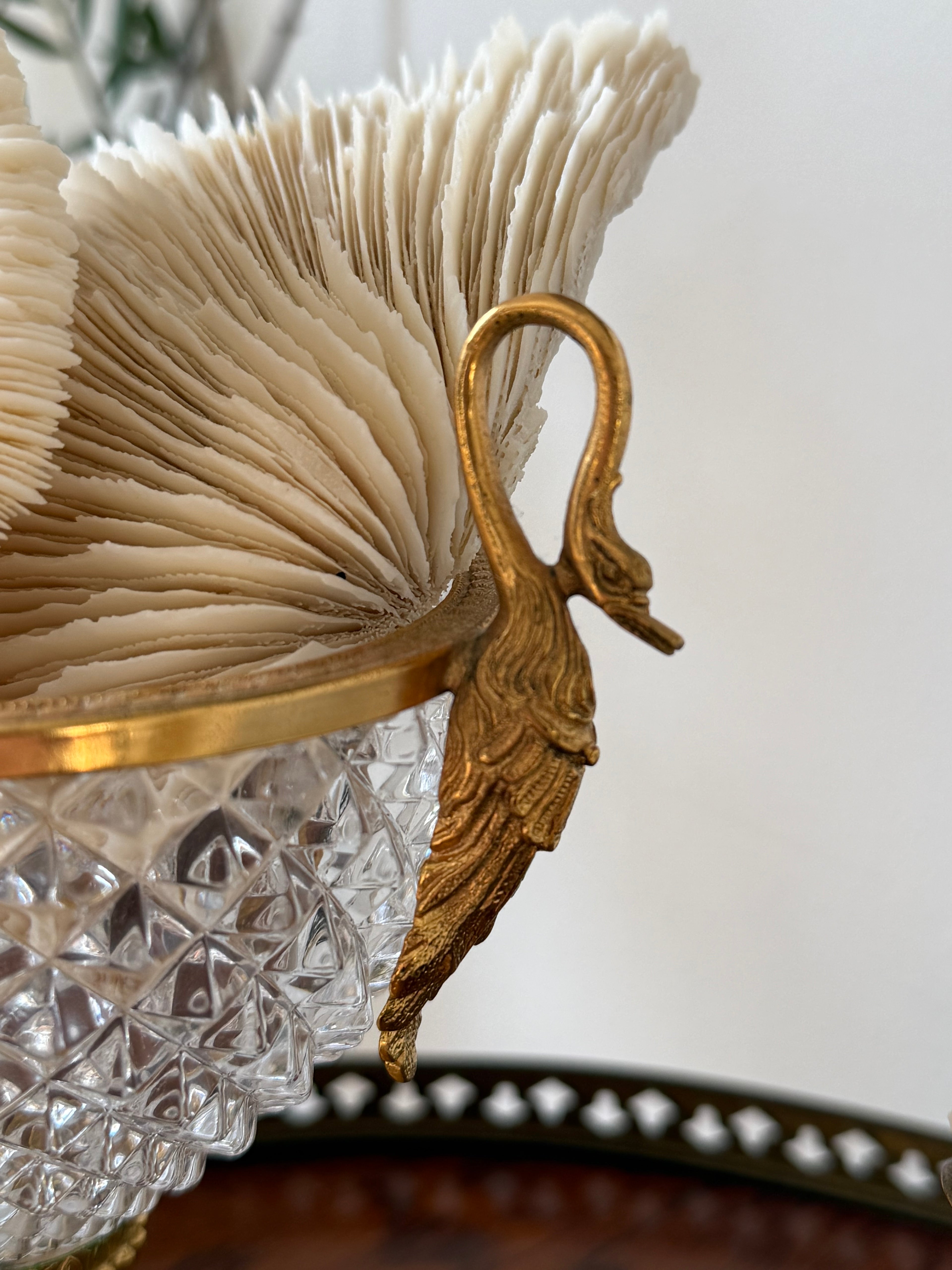 Vintage Hollywood Regency Swan Handle Cut Glass Compote