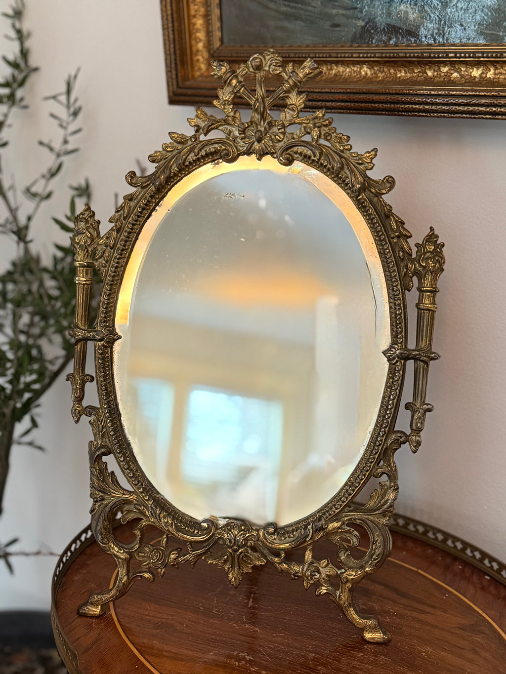 Antique French Neoclassical Brass Vanity Mirror