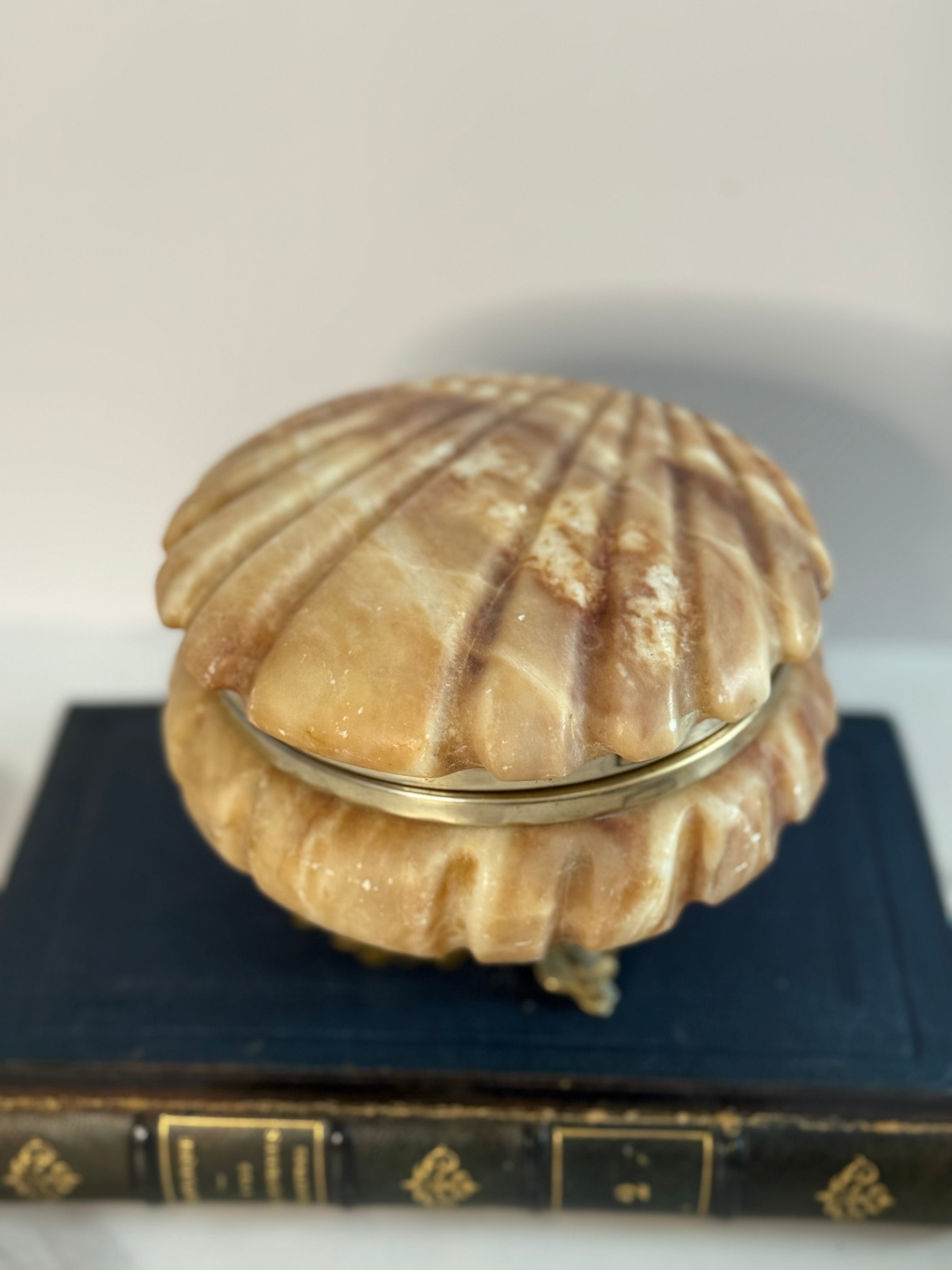 Lidded Pink Alabaster Shell Box with Dolphin Feet