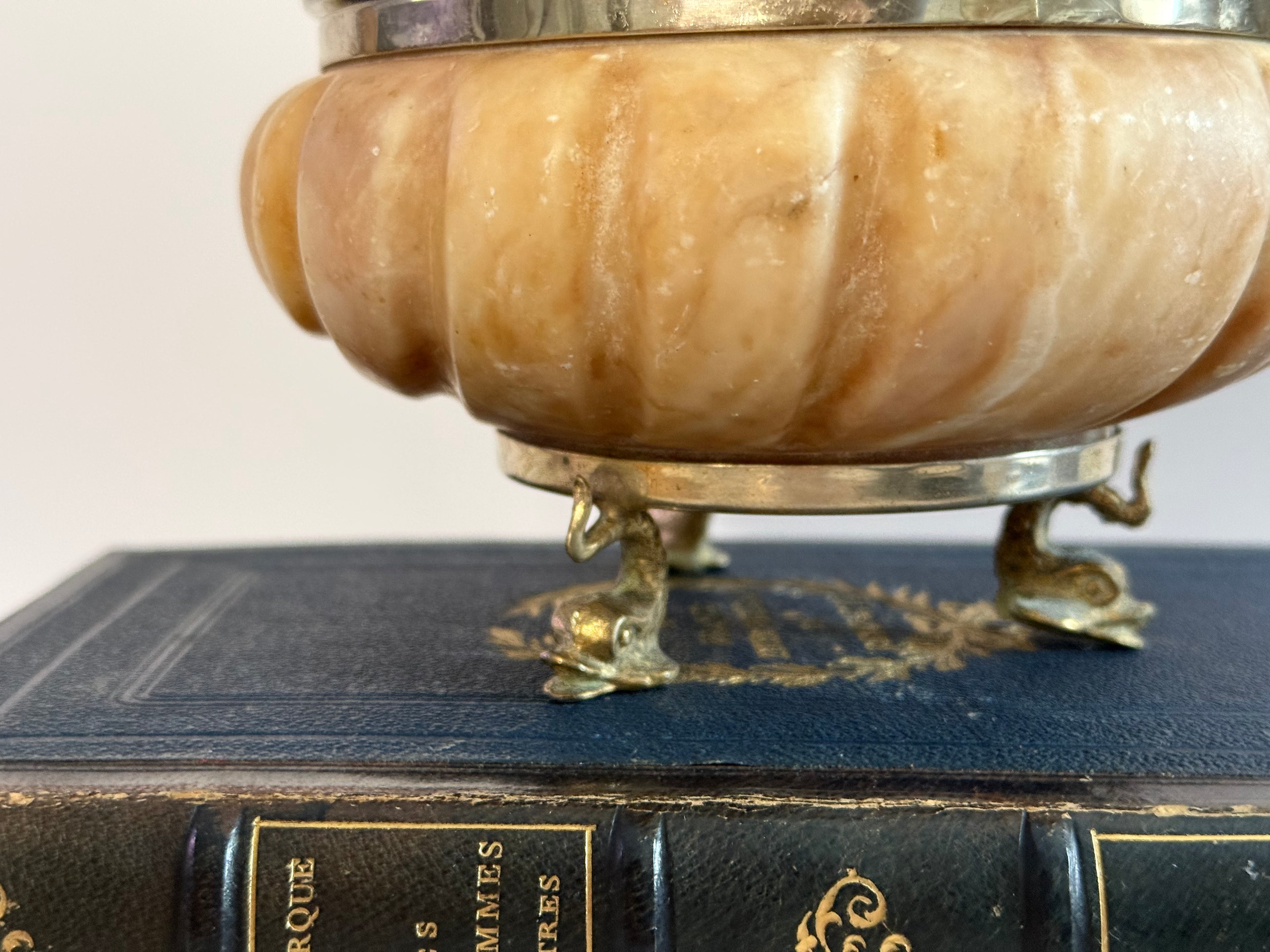 Lidded Pink Alabaster Shell Box with Dolphin Feet