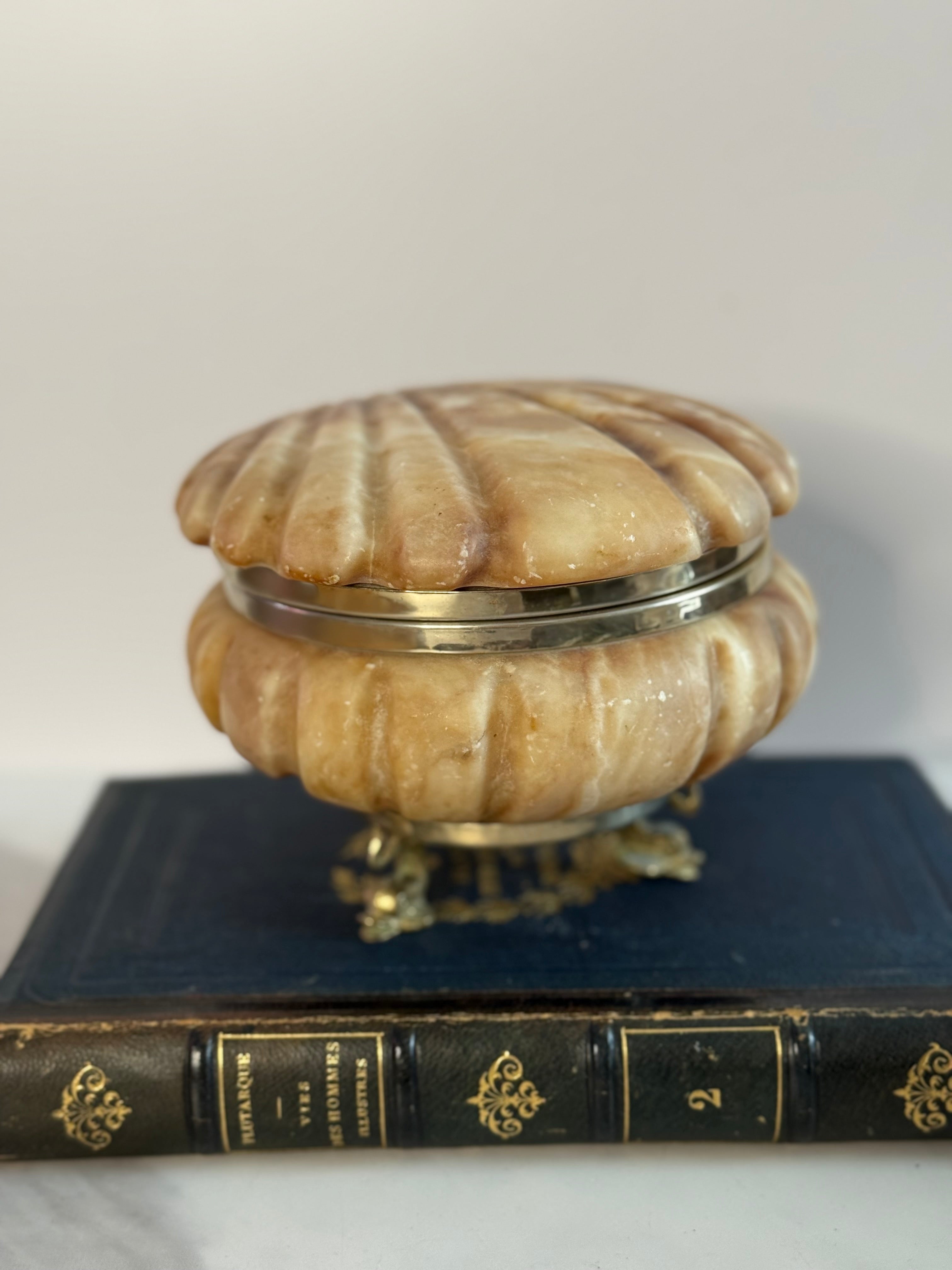 Lidded Pink Alabaster Shell Box with Dolphin Feet