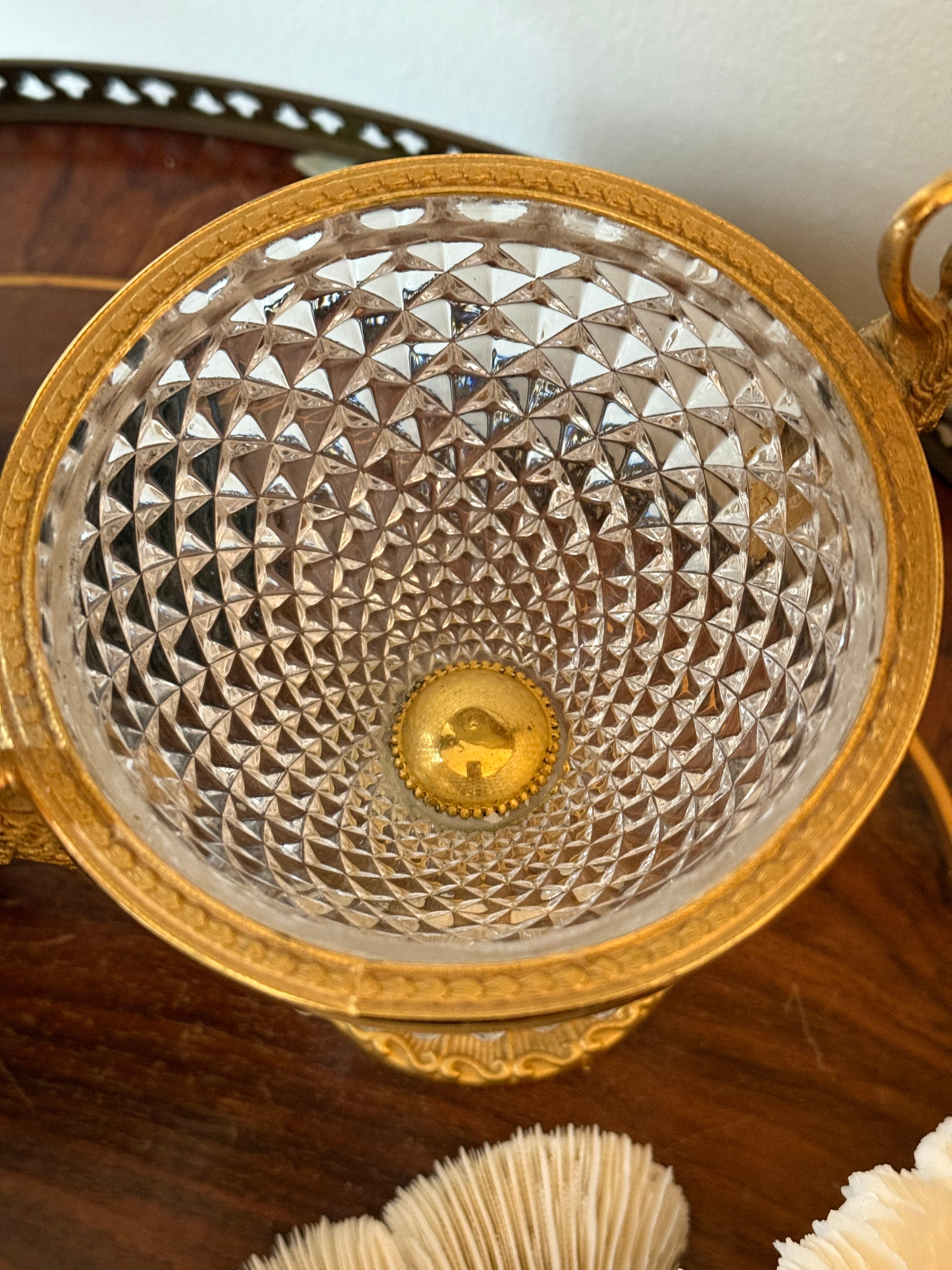 Vintage Hollywood Regency Swan Handle Cut Glass Compote