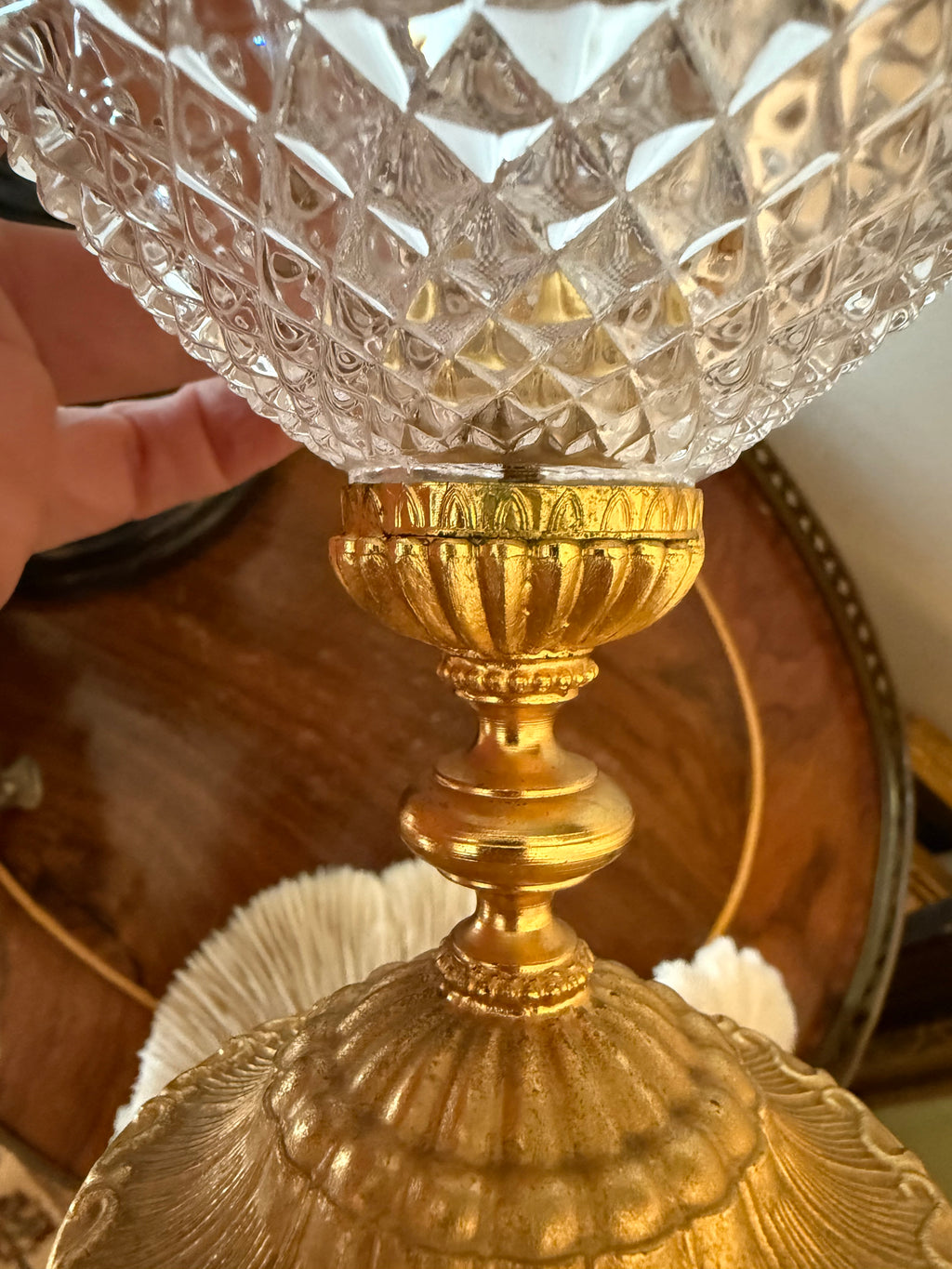 Vintage Hollywood Regency Swan Handle Cut Glass Compote