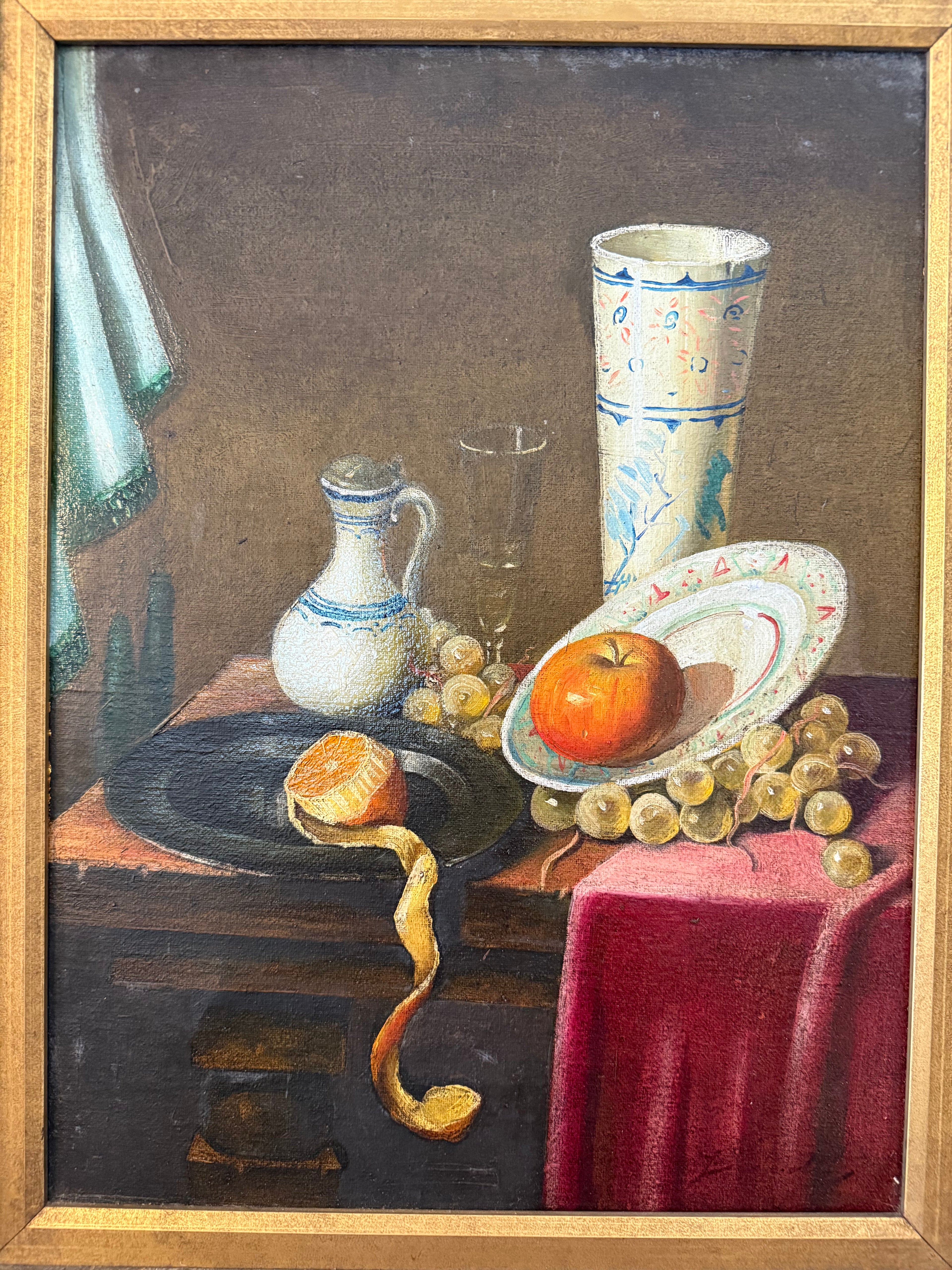 Vintage Dutch-Style Still Life with Fruit, Oil on Canvas