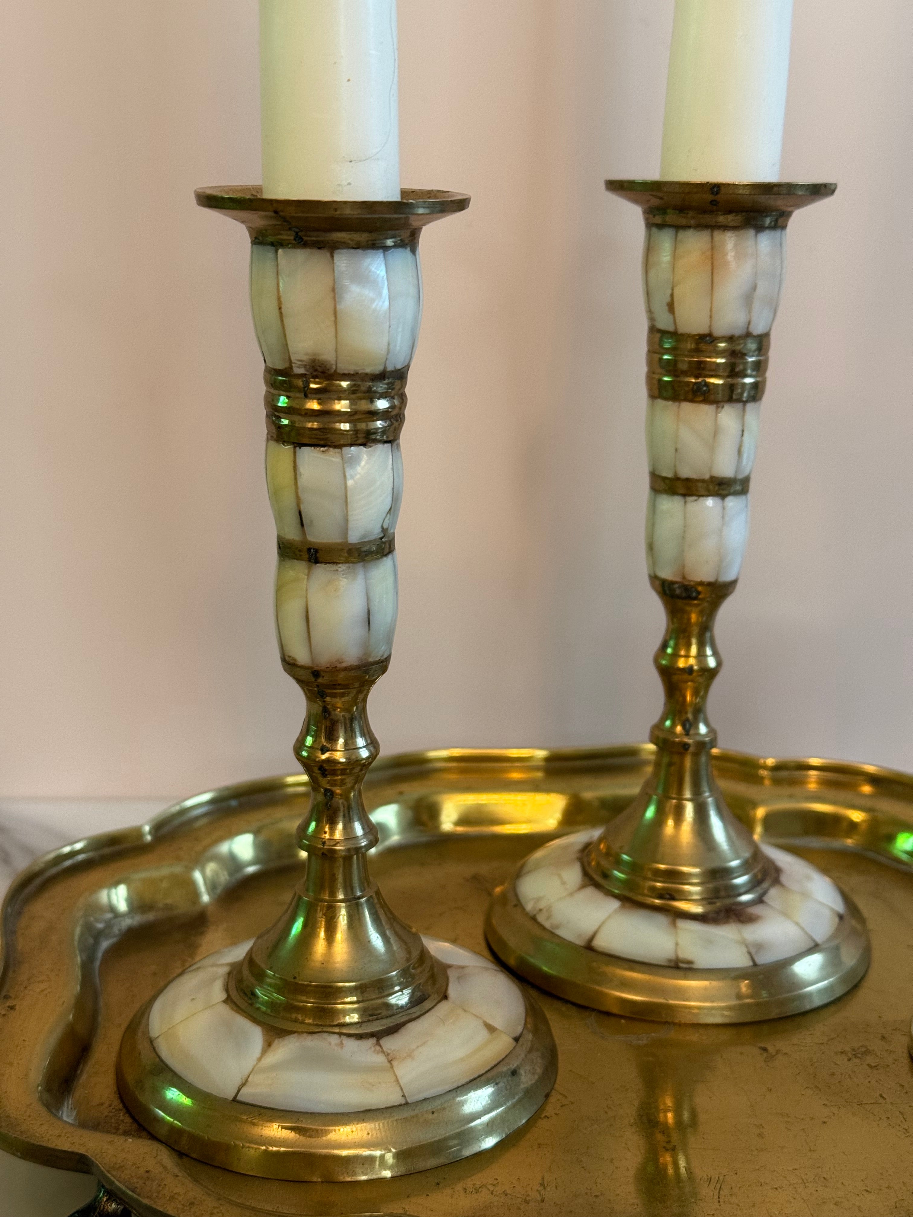 Pair of Vintage Mother-of-Pearl & Brass Candlesticks
