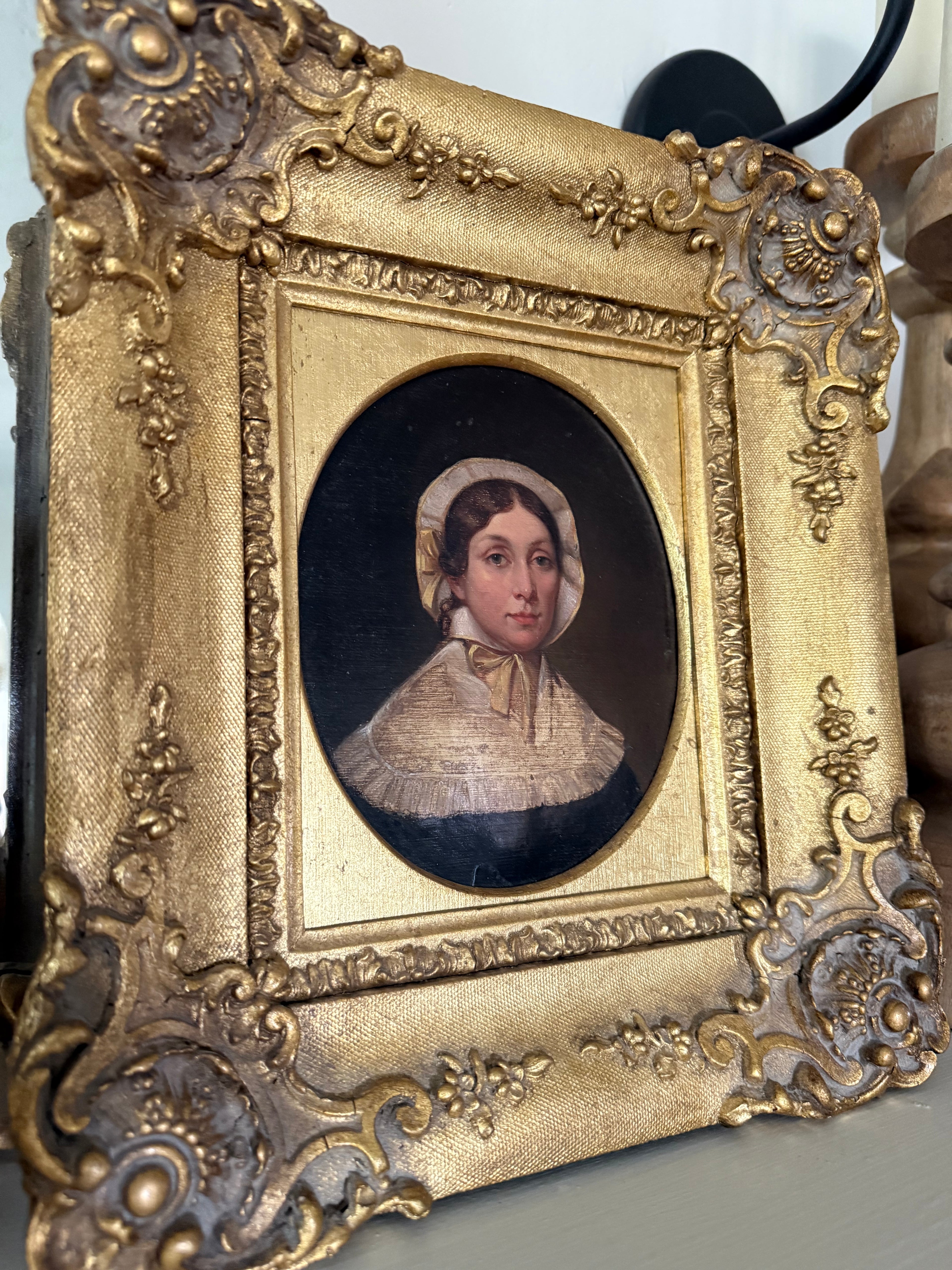 Antique 19th Century Oil Portrait Painting of a Young Woman in Bonnet