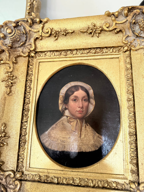Antique 19th Century Oil Portrait Painting of a Young Woman in Bonnet