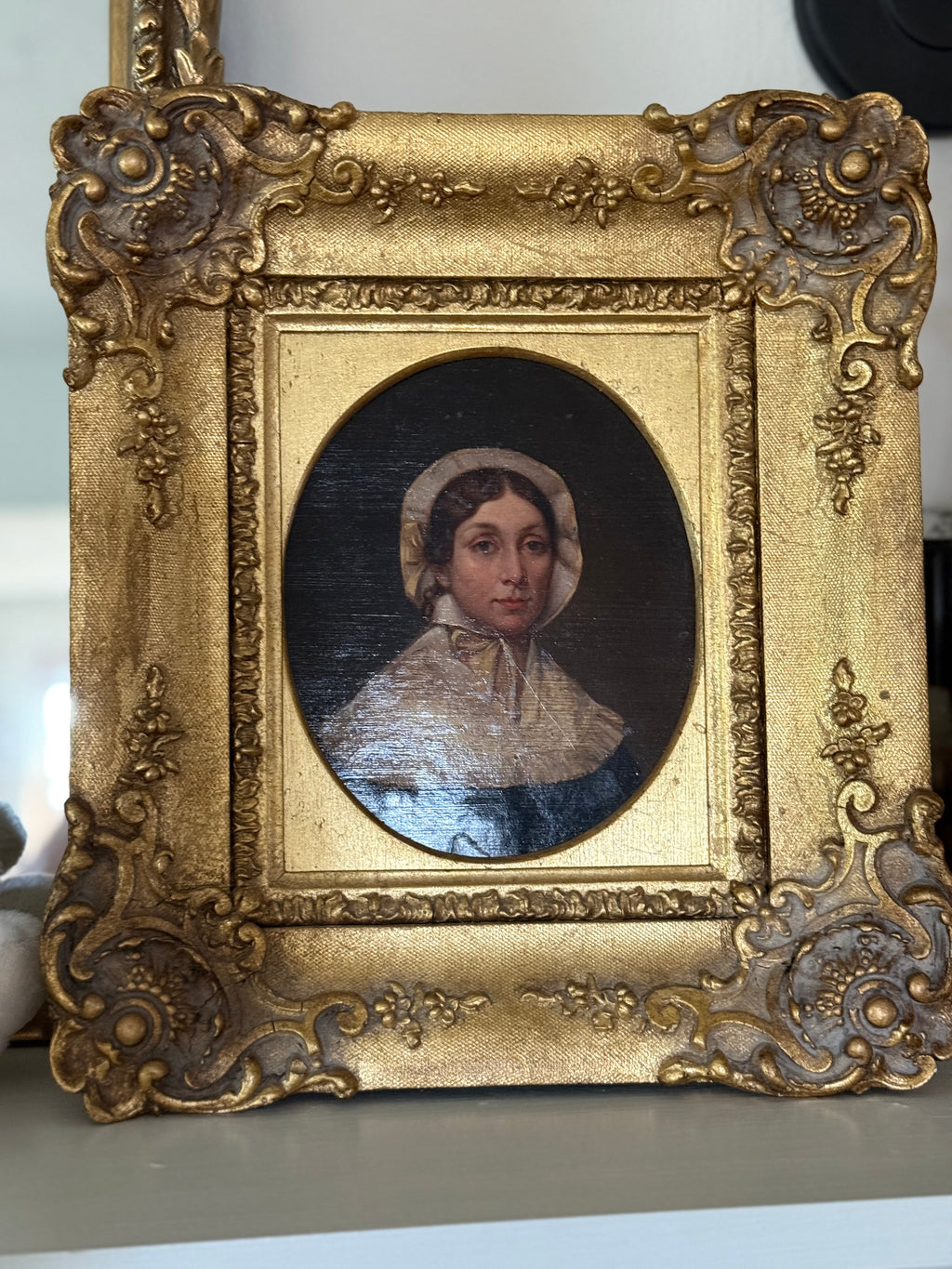 Antique 19th Century Oil Portrait Painting of a Young Woman in Bonnet