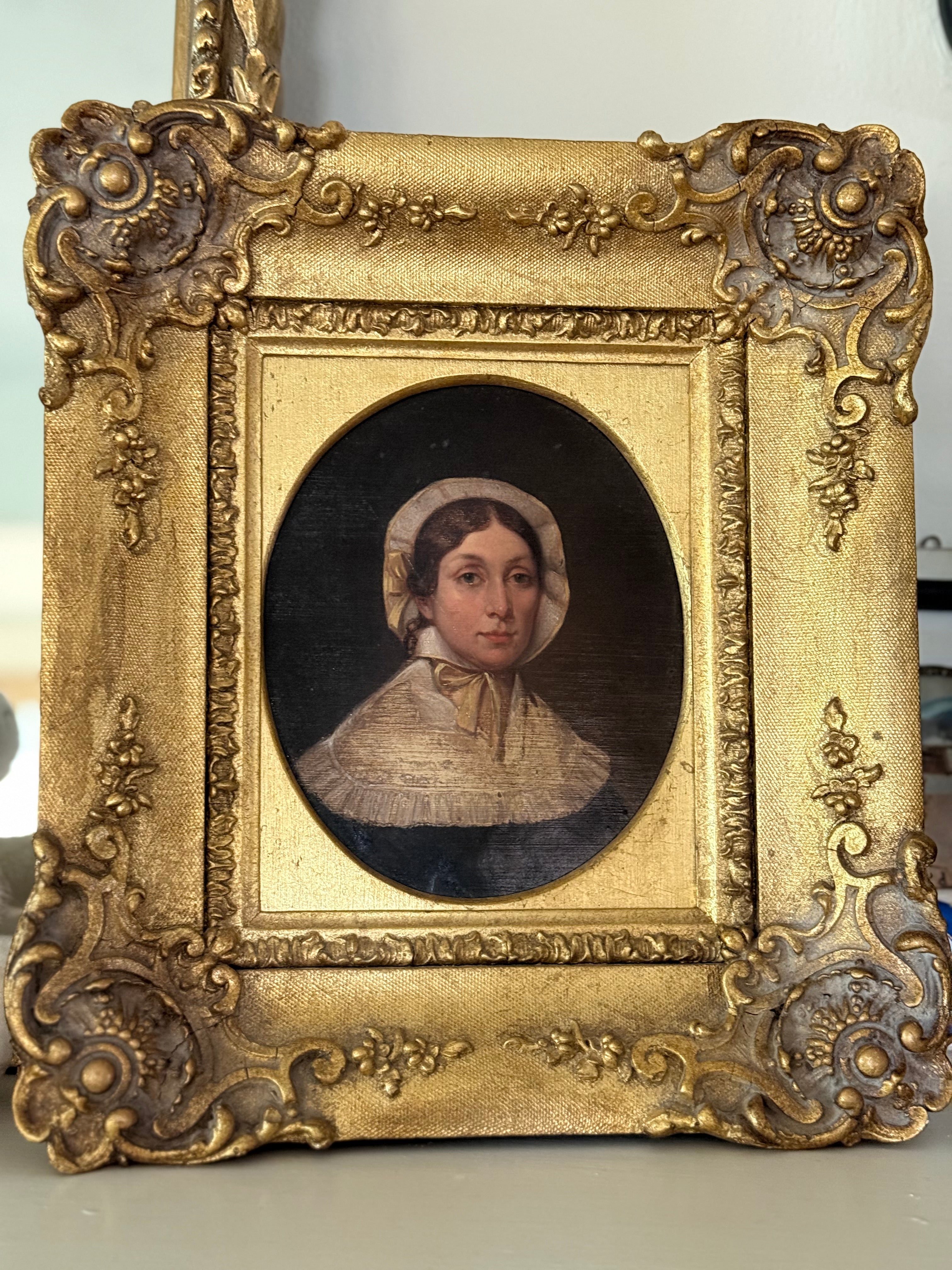 Antique 19th Century Oil Portrait Painting of a Young Woman in Bonnet