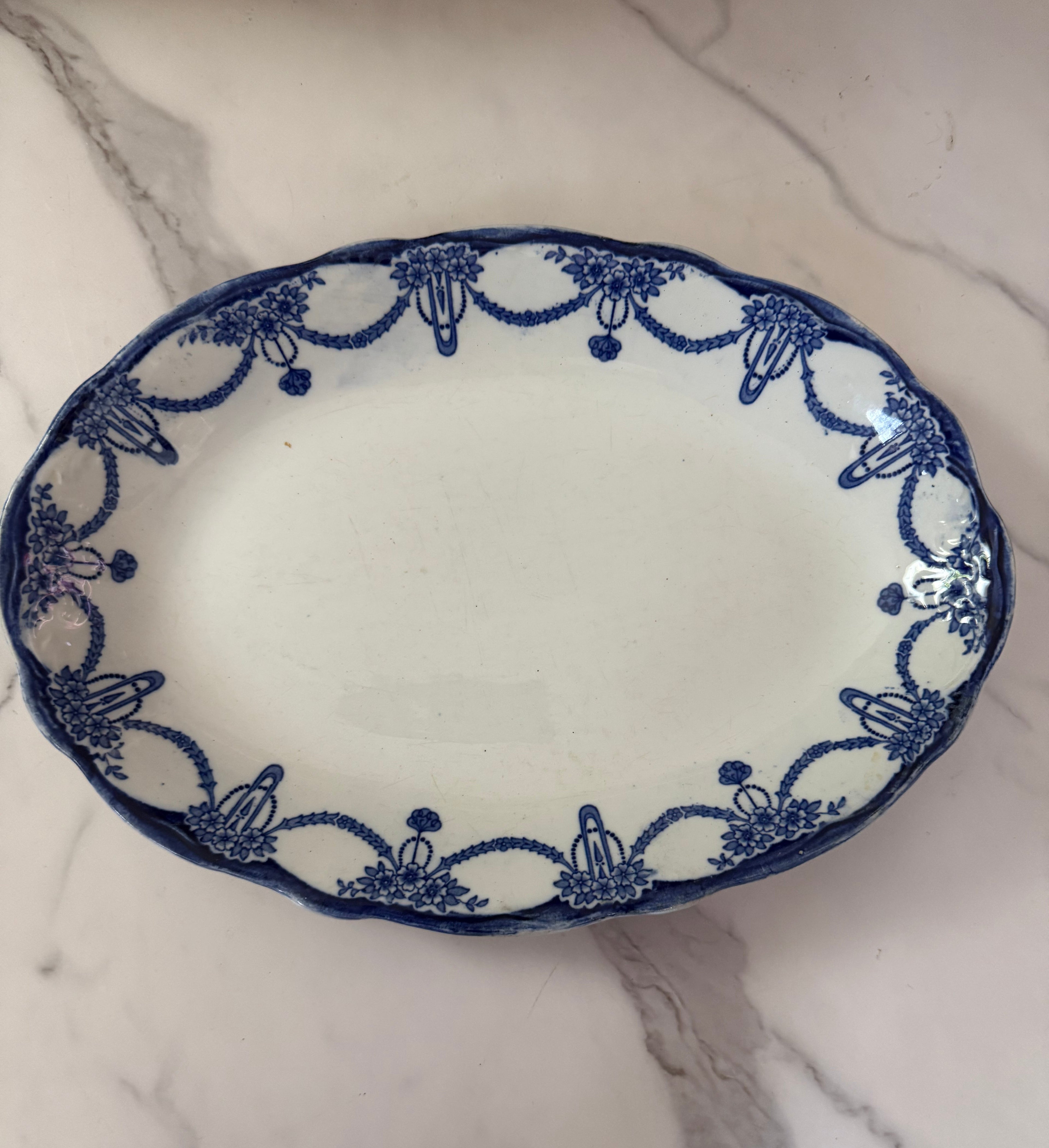 Antique English Blue & White Transferware "Lincoln" Pattern Platter, Stanley Pottery Co