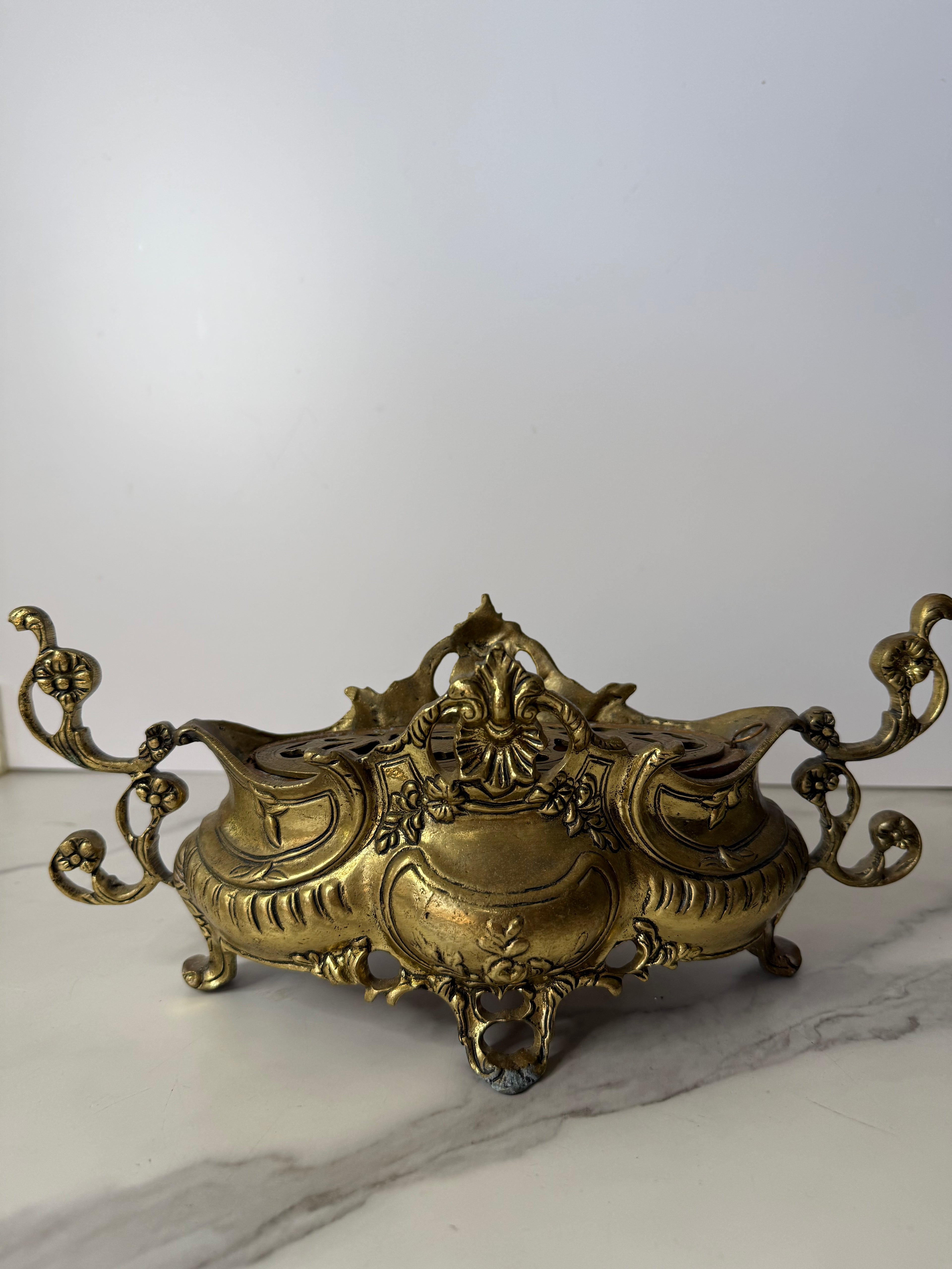 Antique French Rococo Style Brass Jardinière with Flower Frog Insert