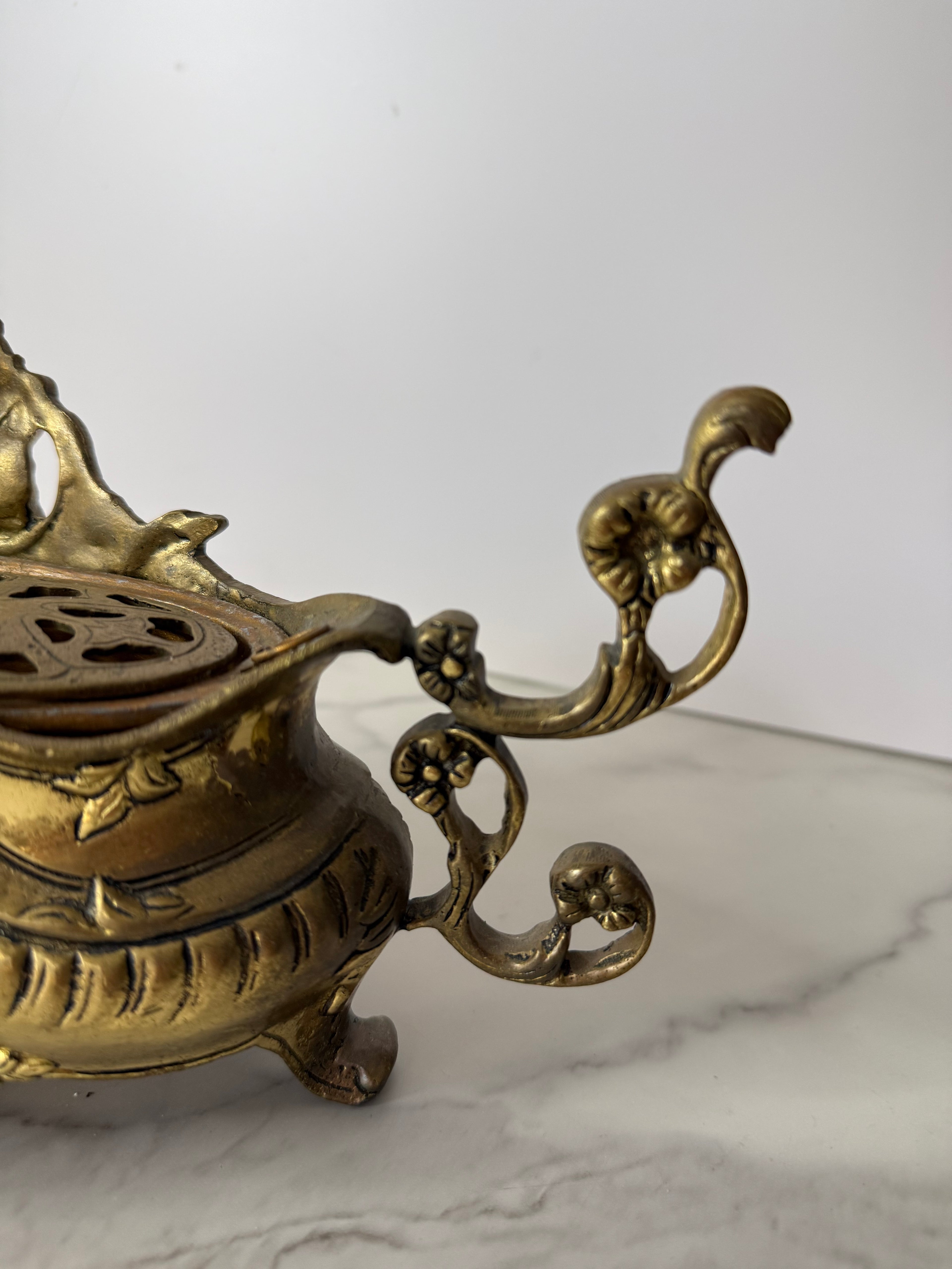 Antique French Rococo Style Brass Jardinière with Flower Frog Insert