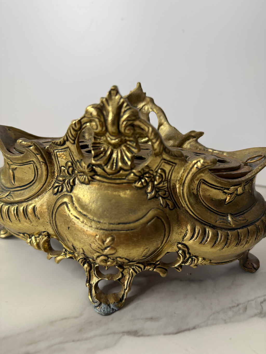 Antique French Rococo Style Brass Jardinière with Flower Frog Insert