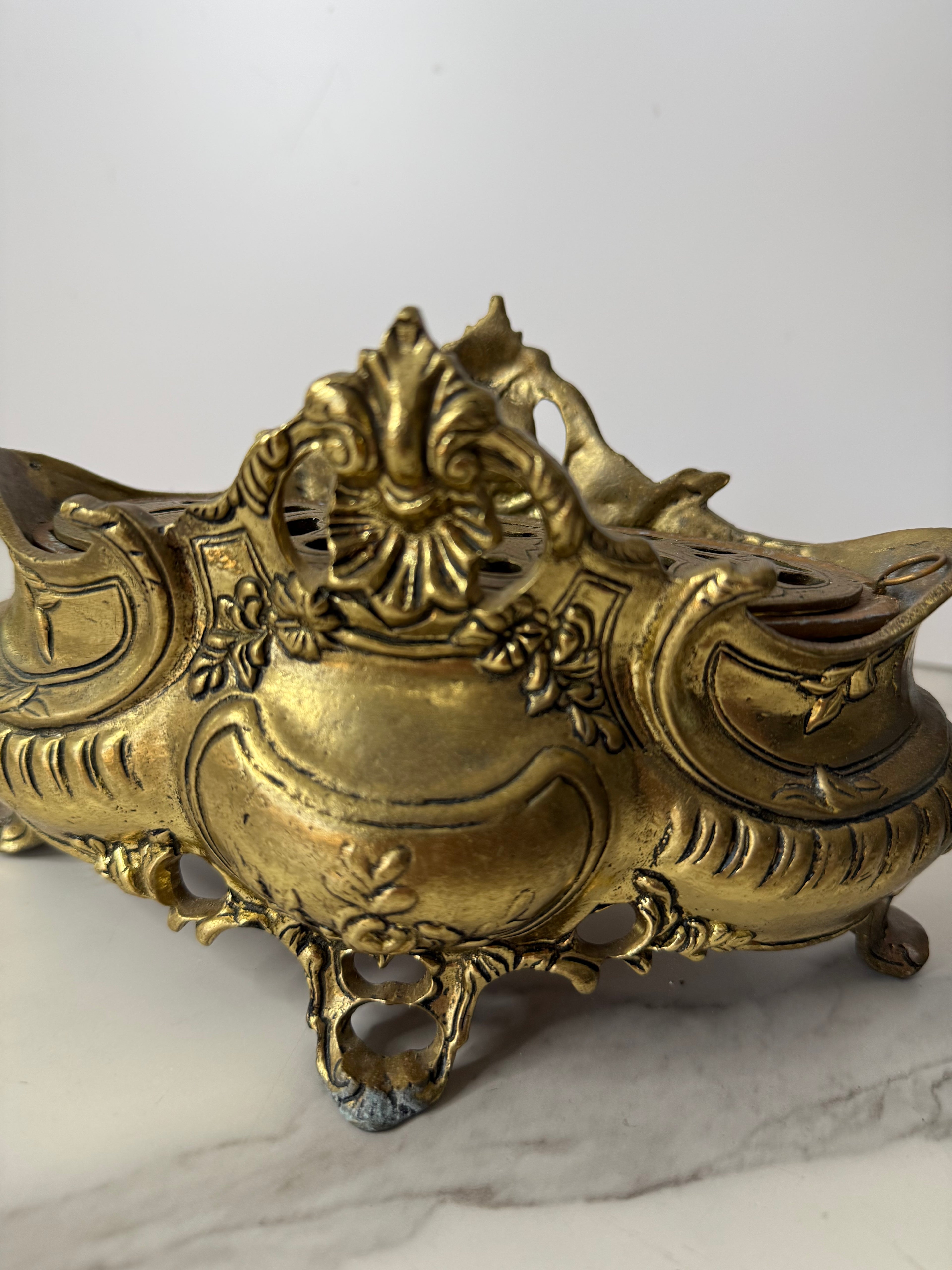 Antique French Rococo Style Brass Jardinière with Flower Frog Insert