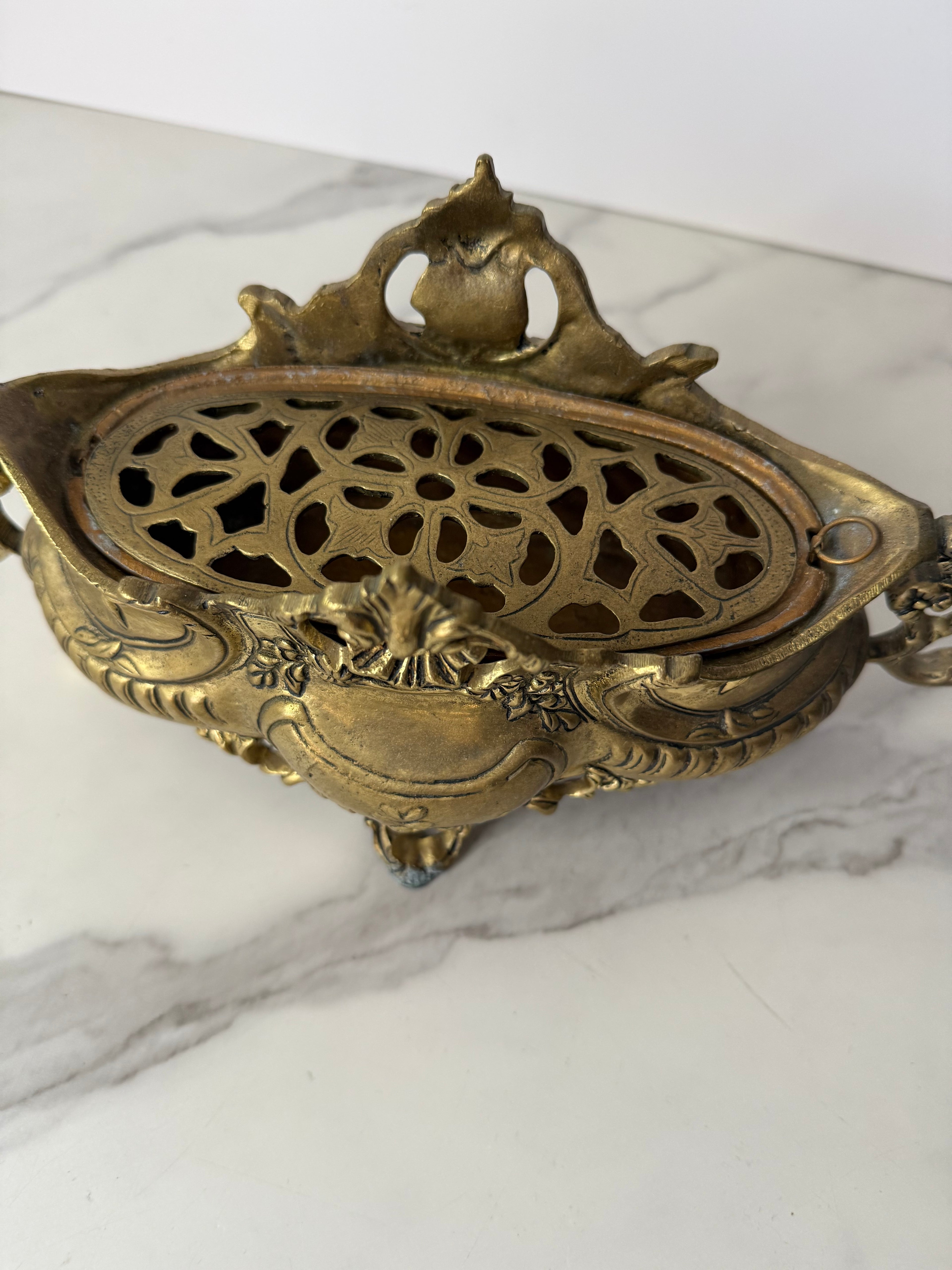 Antique French Rococo Style Brass Jardinière with Flower Frog Insert