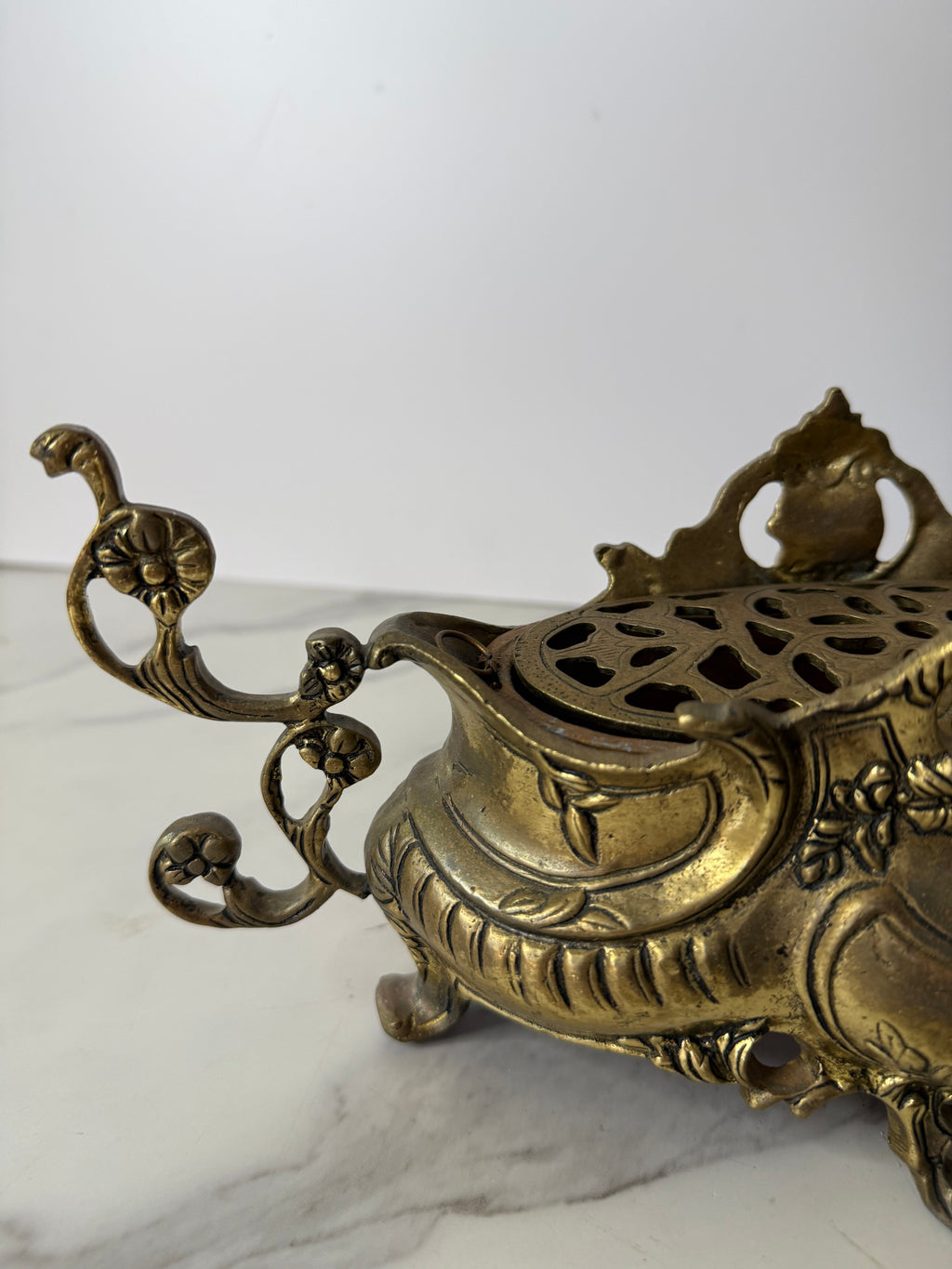 Antique French Rococo Style Brass Jardinière with Flower Frog Insert