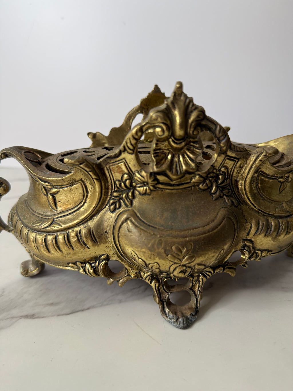 Antique French Rococo Style Brass Jardinière with Flower Frog Insert