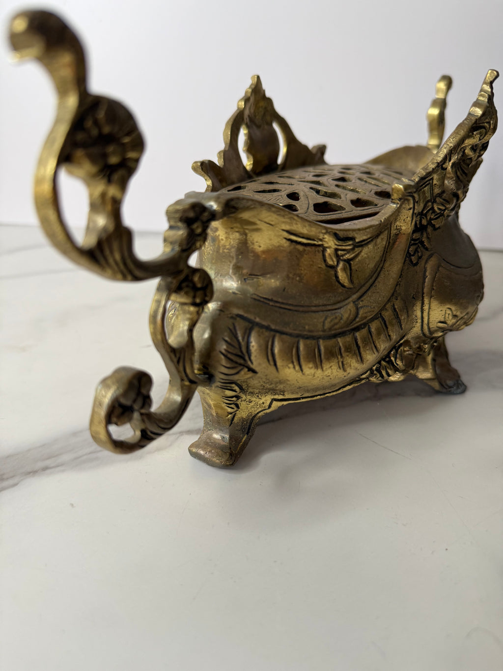 Antique French Rococo Style Brass Jardinière with Flower Frog Insert