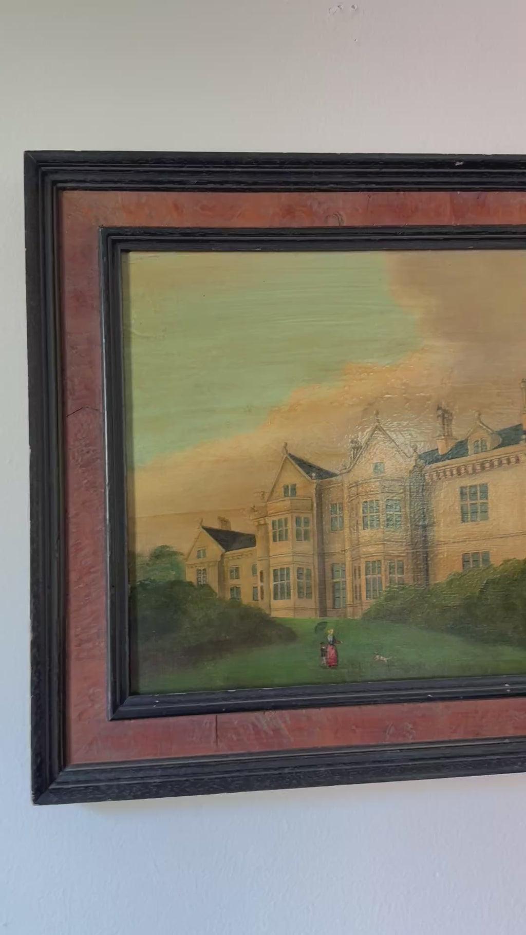 Antique English Manor House Painting, Oil on Board